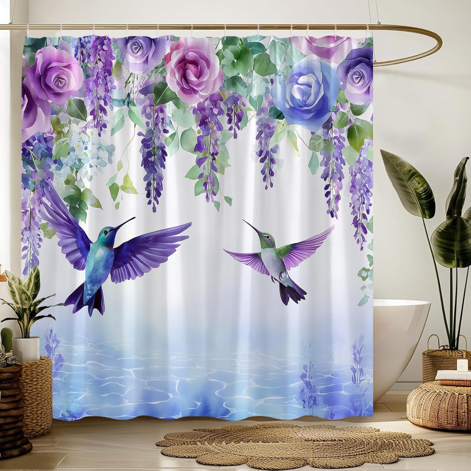 Hummingbird Floral Shower Curtain Watercolor Flower Spring Bird Plant Wisteria Blossom Weeping Rustic Garden Nature Bathroom Decor Curtain with Hooks,Purple