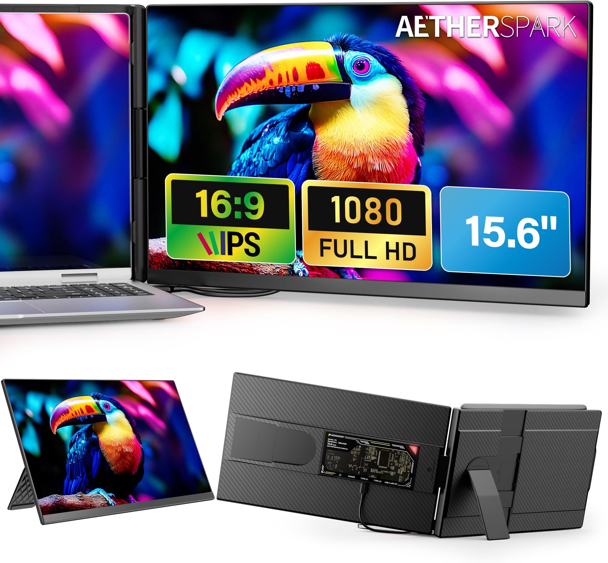 Laptop Screen Extender Portable Monitor, Dual 15.6" 1080P FHD Frameless Screen, Detachable Monitor Extender for Laptop, Fit for 13-17" Laptops, Compatiable with Windows/Mac/Chrome/Android (P5-15.6")