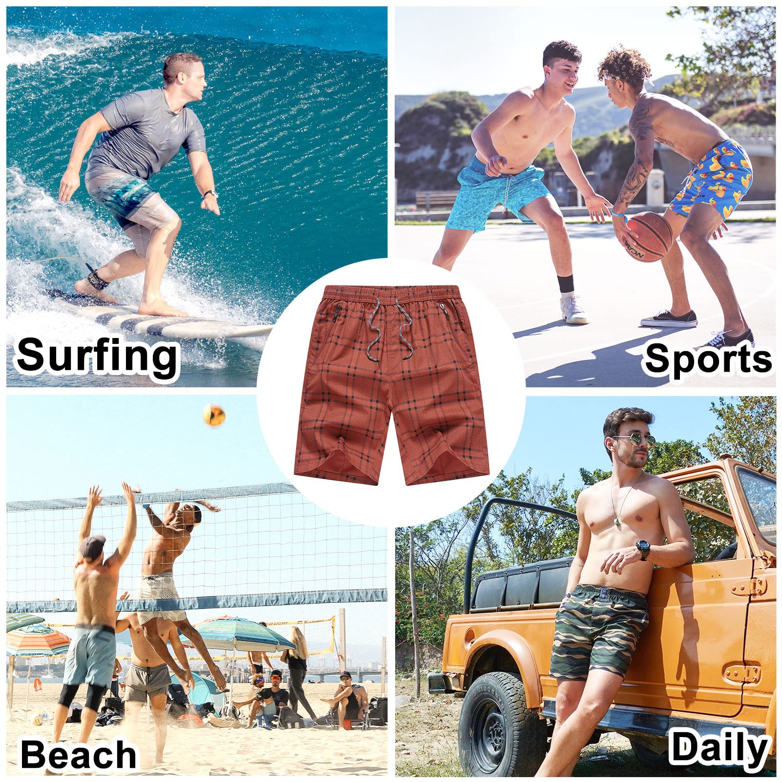 SEAUR Men's Swim Shorts Swimming Trunks Drawstring Boardshorts Cotton Male Bathing Dry Swimsuit Zip Pocket Board Shorts for Summer Beach Red Plaid 3XL