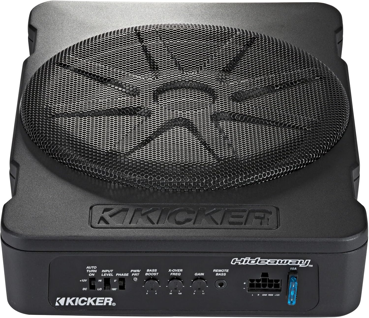 KICKER 51HS10 Subwoofer control panel with input and adjustment knobs
