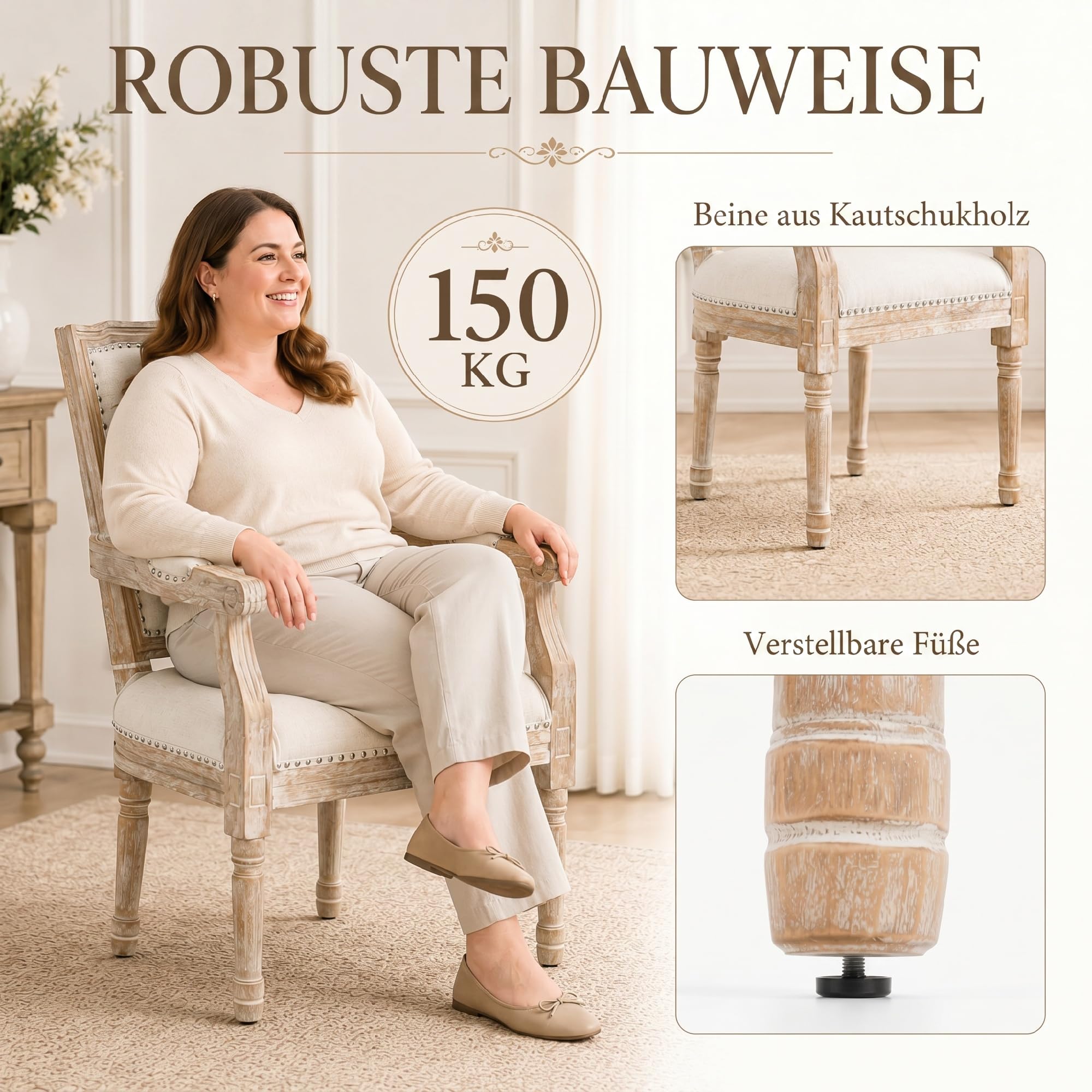 HOMCOM Esszimmerstuhl mit Rückenlehne, Leinenoptik, Holzbeine, Cremeweiß