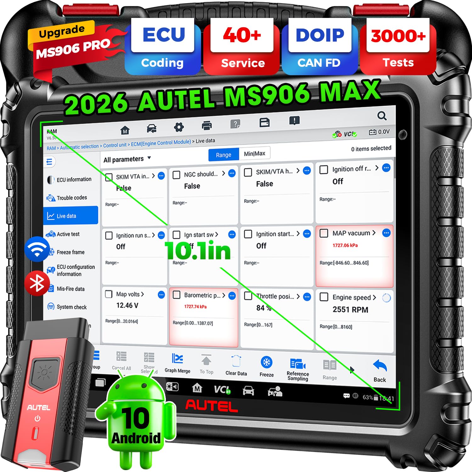 MaxiSYS MS906 MAX Scanner 2026, MS906MAX 10.1" V2.0 of MS906 PRO MP900BT MS908S MK908 MS906PRO-TS, Top Bidirectional Scan Tool, 3000+ Tests, 40+ Service, All System, CAN FD & DoIP, OS 10.0, FCA