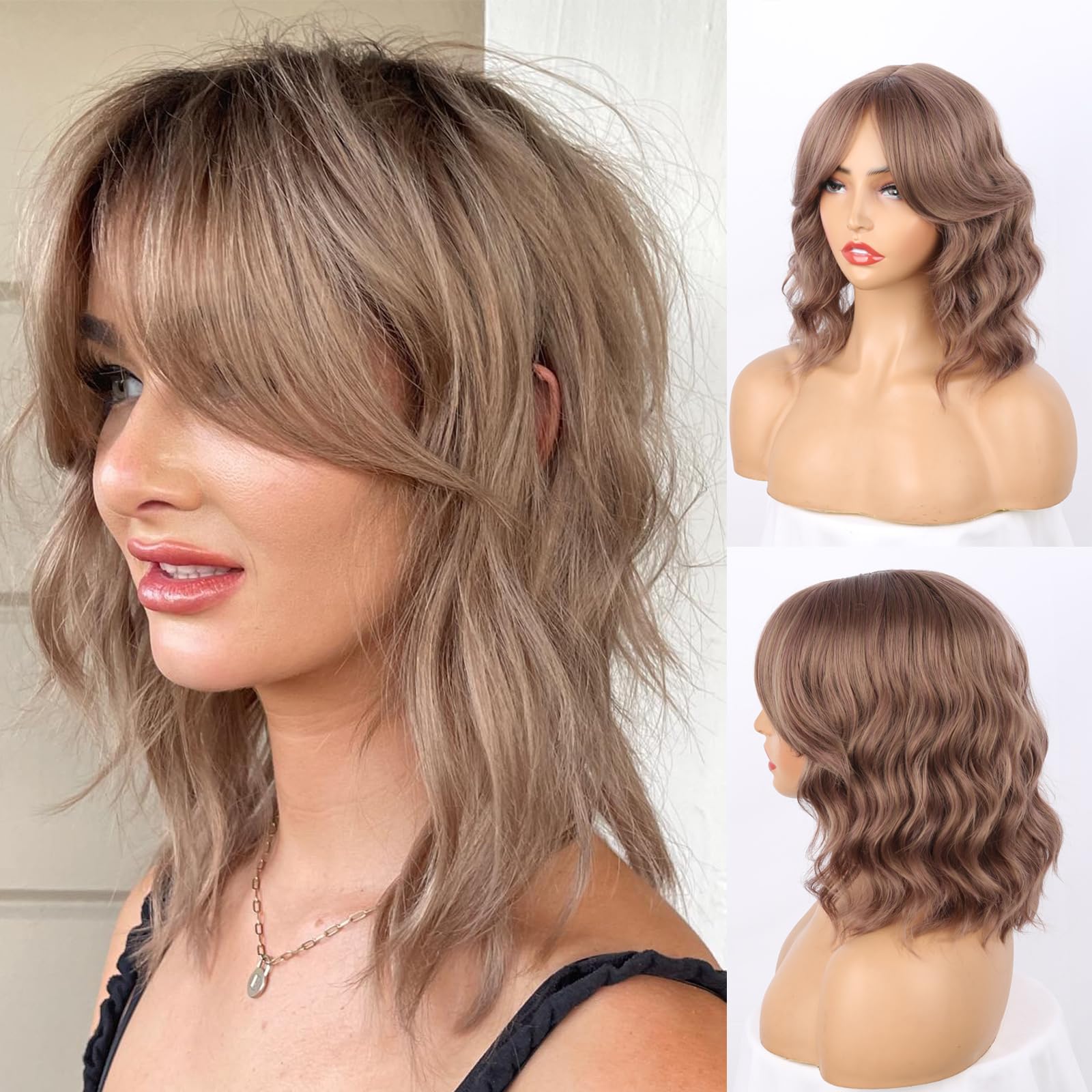 Auburn Brown Curly Bob Wig With Curtain Bangs Highlight Dark Brown Wavy Bob Wigs for Women Short Bob Curtain Bang Wavy Wig Chocolate Brown Natural Hair Shoulder Length Wig 14inch