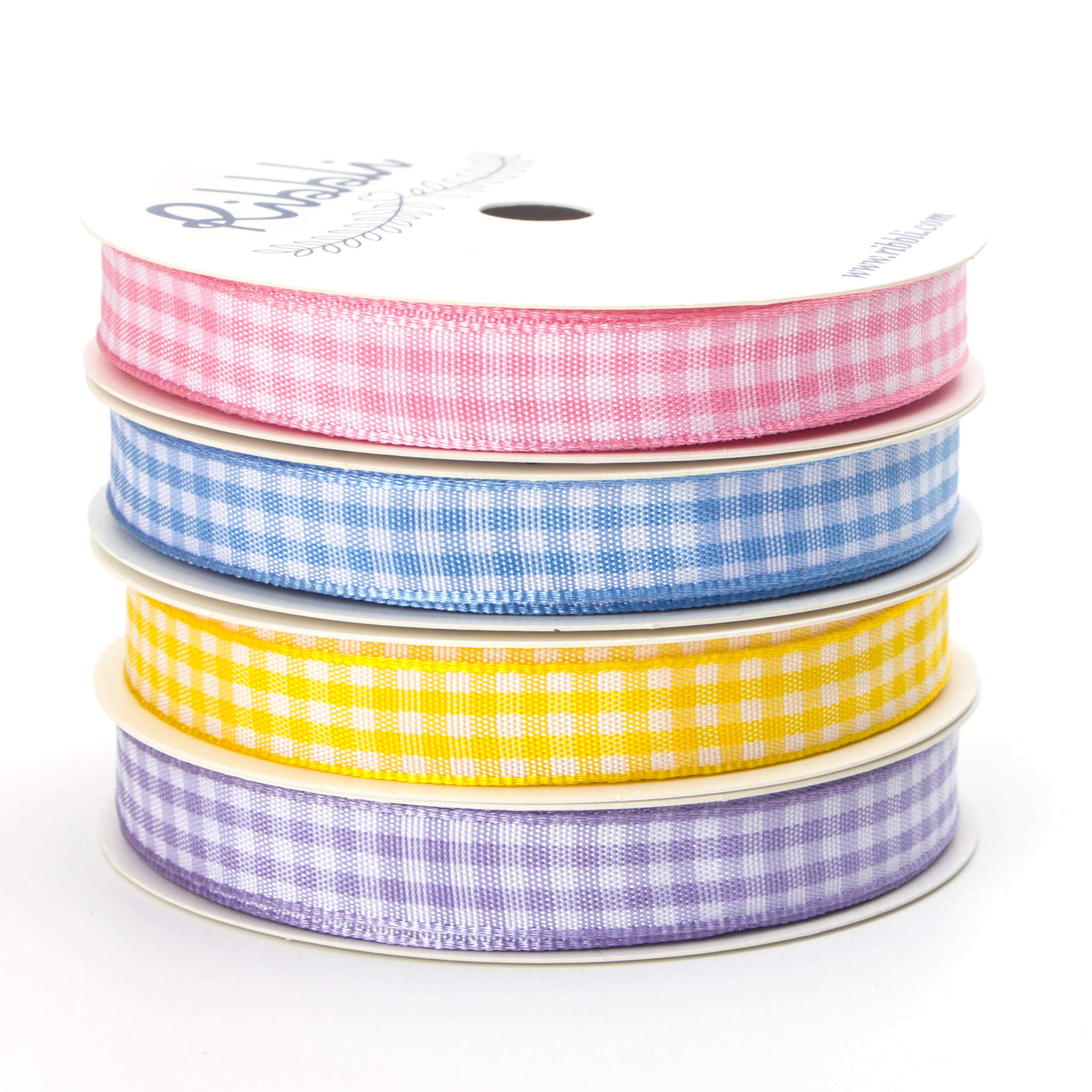 Ribbli 4 rollos de cinta a cuadros de 3/8 pulgadas, total 40 yardas, borde tejido 100% poliéster, (rosa claro/azul claro/morado/amarillo), uso a cuadros de Pascua para baby shower, envoltura de