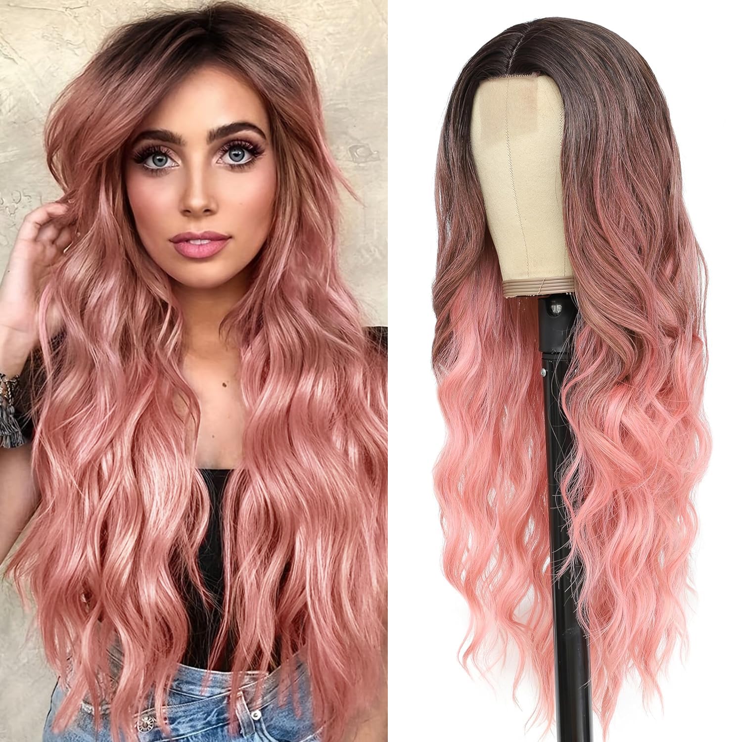 BUPPLER Cosplay Long Ombre Pink Wig 26 Inch Middle Part Synthetic Wig Realistic Gifts Party Wigs for Women Daily Use Colorful Wigs (Ombre Pink)