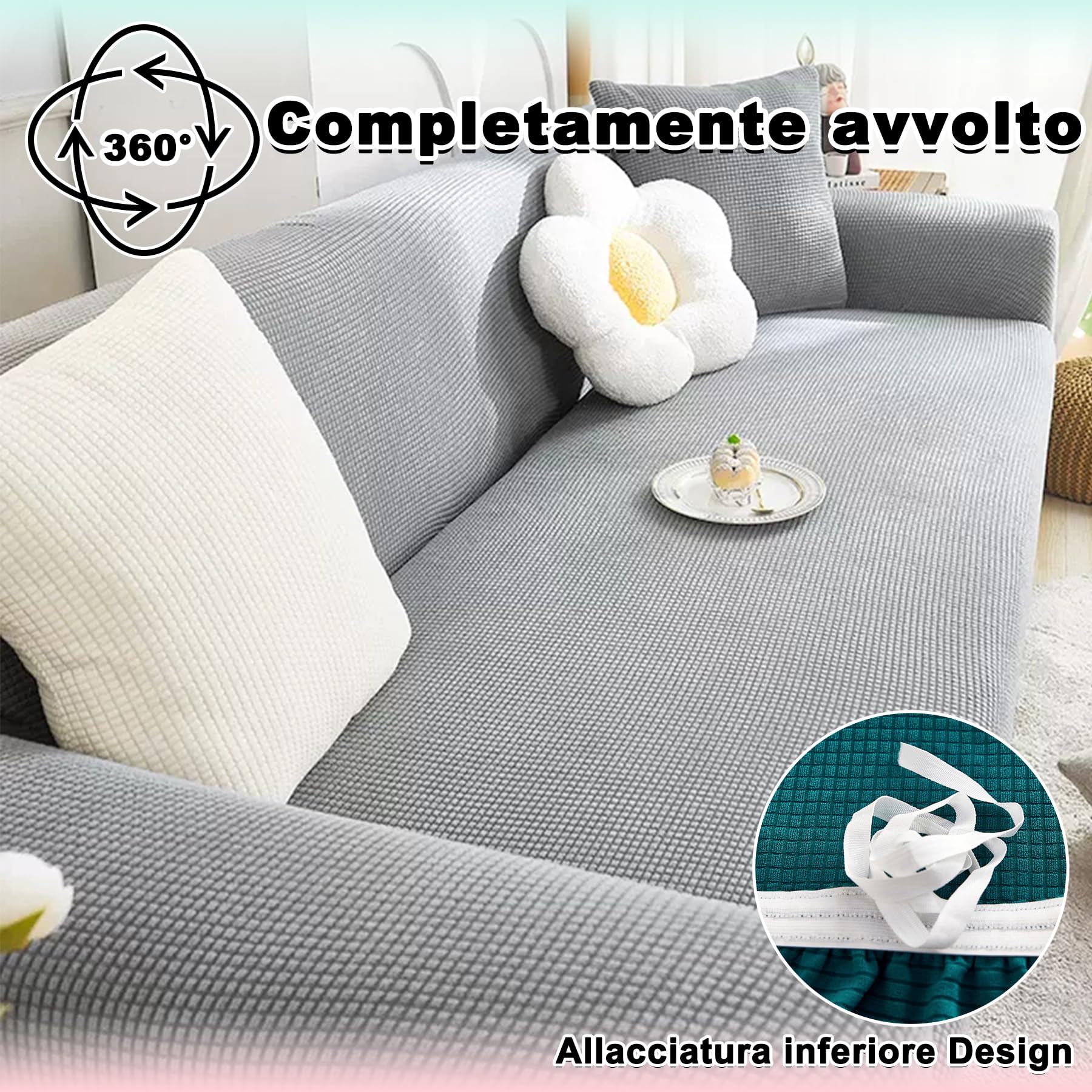 Fodera Divano 3 Posti MAXIJIN - Jacquard Elasticizzato Antiscivolo - Grigio Chiaro Per Protezione