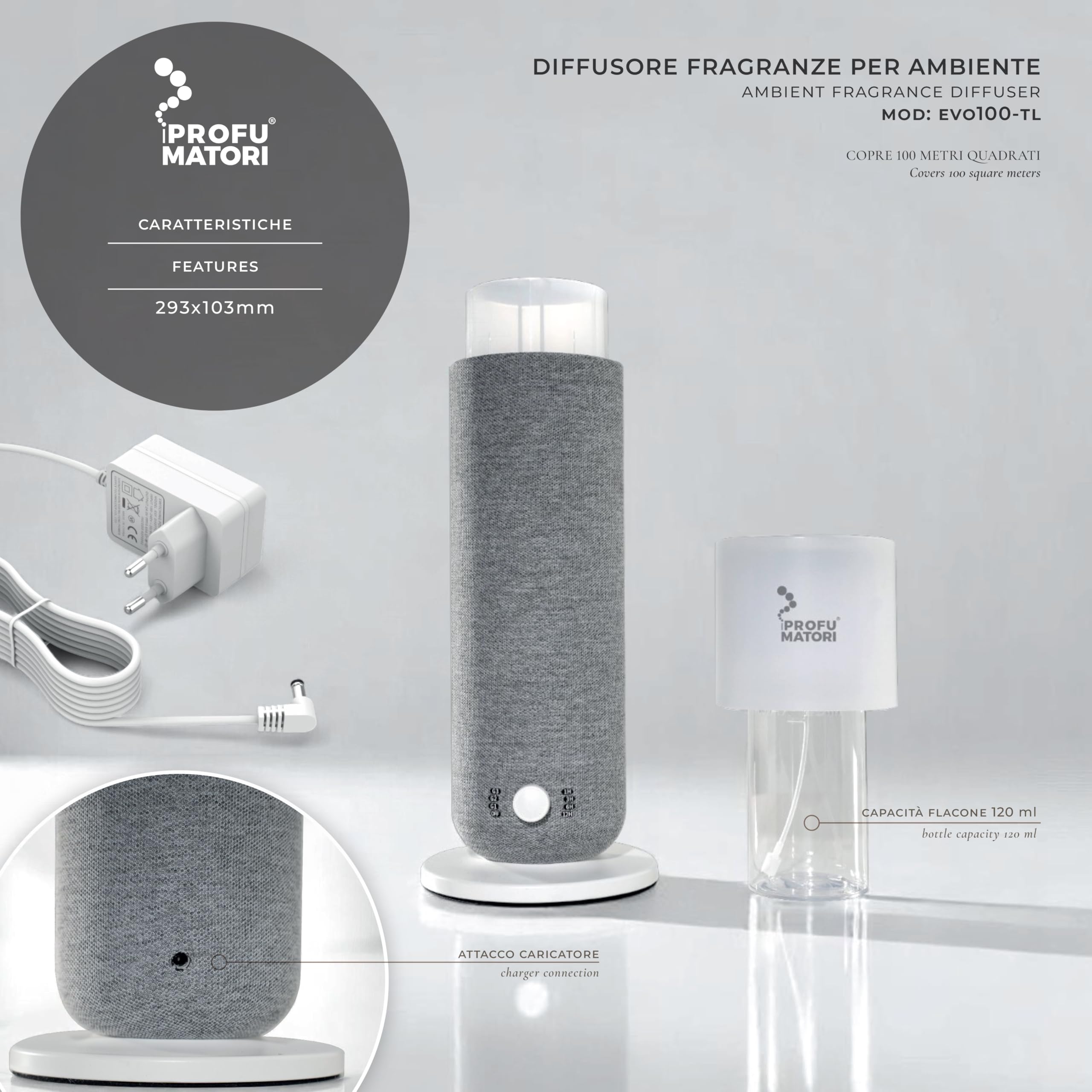Diffusore profumo ambiente Smart EVO100 TL, fragranza Rosso Divino, nebulizzazione a freddo, controllo buetooth, copertura fino a 100 m², luce ambientale integrata, 100 ml, Colore Grigio