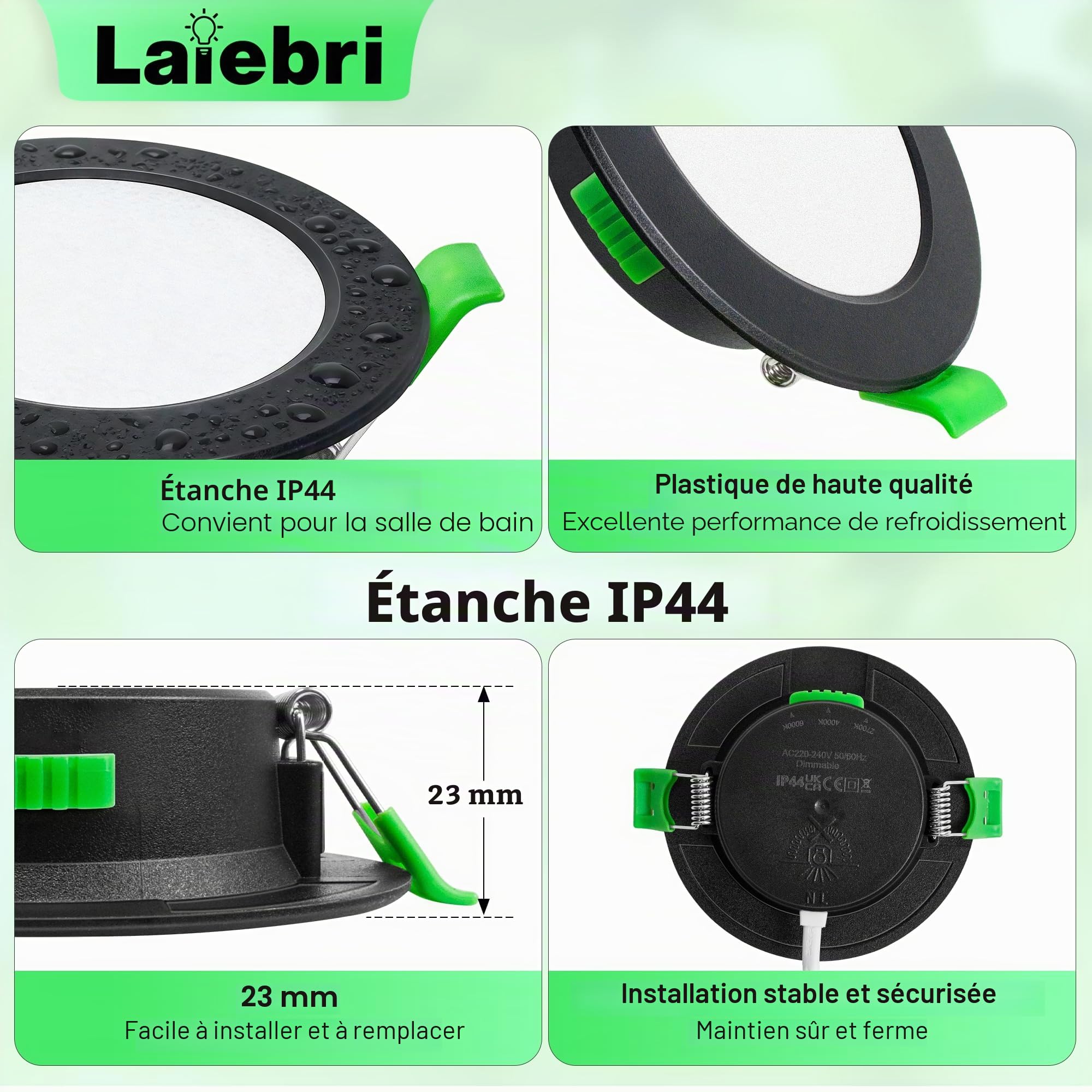 Spot LED Encastrable Dimmable Noir - IP44 Spots de plafond extra plats - 6W, 2700K/4000K/6000K, éclairage LED pour salle de bain, salon et cuisine, Ø 75-90mm, Lot de 6