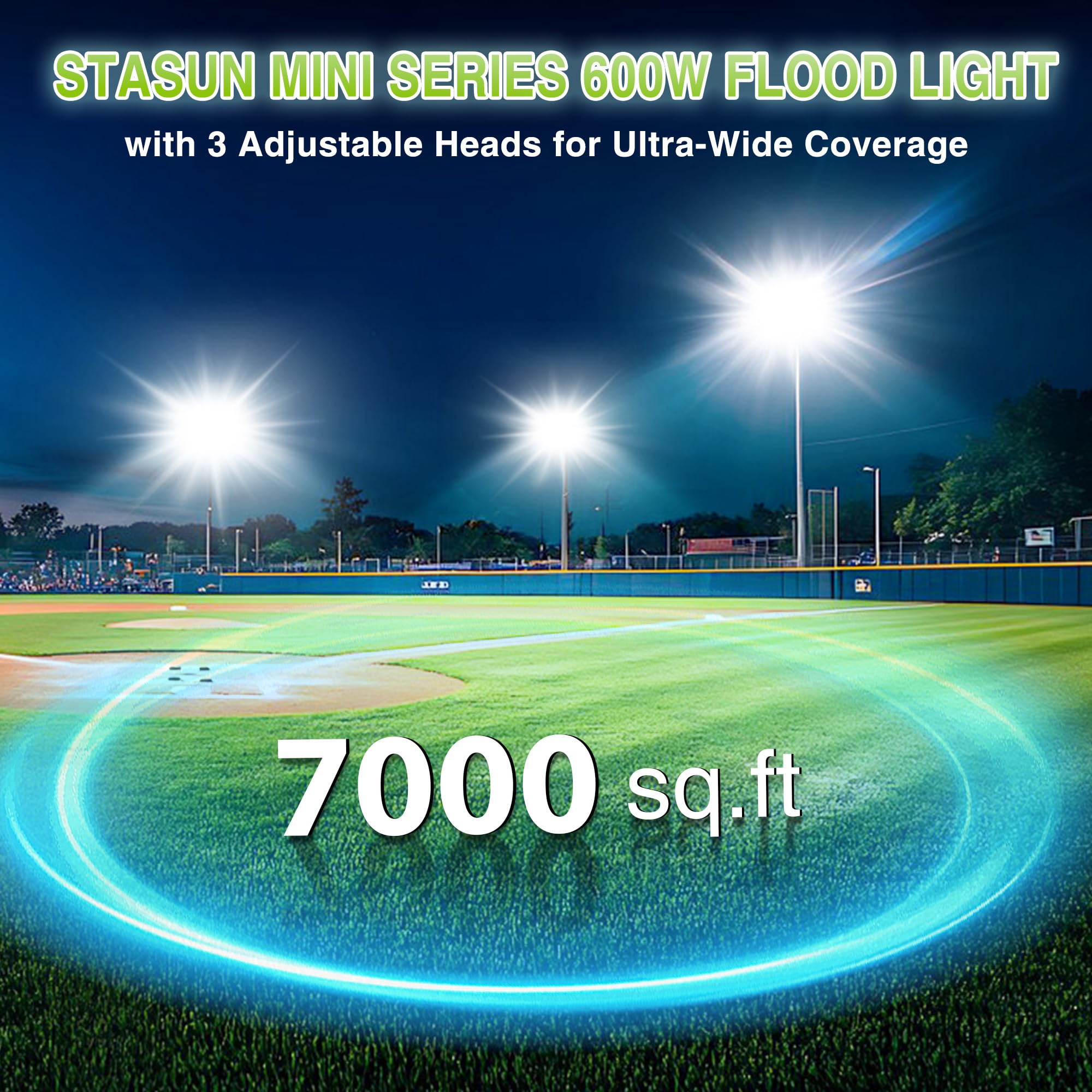 STASUN Luce di inondazione a LED per esterni, 600 W, 60000 lm, illuminazione esterna, 6000 K, luce bianca diurna, IP66, impermeabile, per esterni, luce di sicurezza esterna, con 3 teste regolabili per