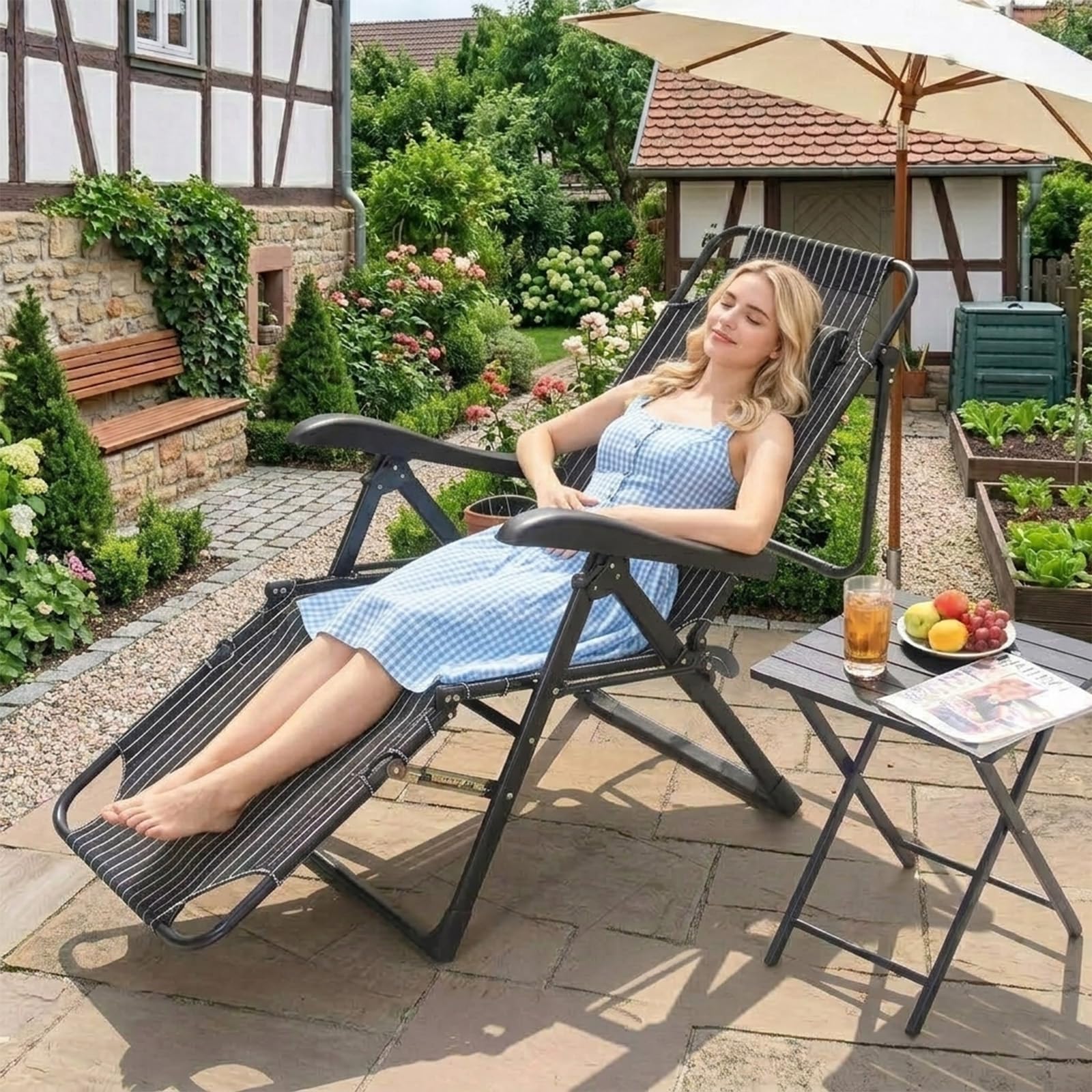 Klappbare Sonnenliege mit Polster, Ergonomischer Liegestuhl für Garten und Terrasse, 7-Fach Verstellbare Rückenlehne, Outdoor Relaxliege bis 150 kg, Gartenstuhl für Balkon und Terrasse (Grau - a)