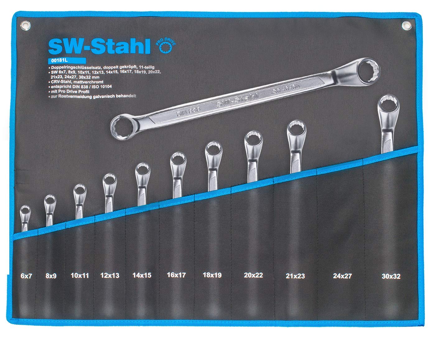 SW-Stahl 00181L Zestaw Kluczy Oczkowych 6-32 mm, 11 Części, Głęboko Wygięte | Stal chromowo-wanadowa PRO DRIVE, profil falisty DIN 838, klucze dwustronne w praktycznej torbie zwijanej do warsztatu
