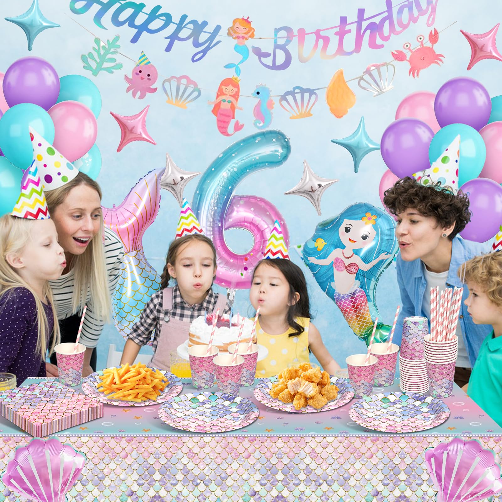 Sirenetta Compleanno Stoviglie per Feste, Sirenetta Palloncini Decorazioni Compleanno 6 Anni, Sirenetta Party Decoration con Palloncino per 6 Anni Ragazze Decorazione 16 Ospiti