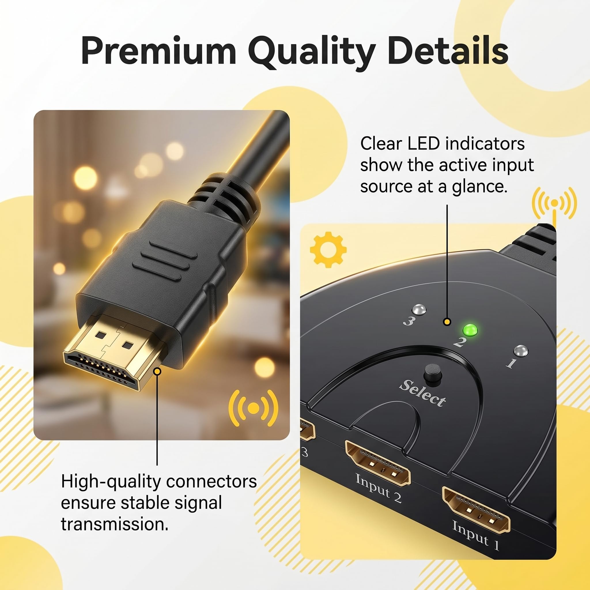 HDMI Switch 3 Eingänge 1 Ausgang, HDMI Splitter 3 in 1 Out 4K UHD Verteiler für PS5/PS4/Xbox/Switch/PC/Laptop/Blu-Ray Player/TV/Projektor, 3 Geräte auf 1 Monitor, Stabile Signalübertragung