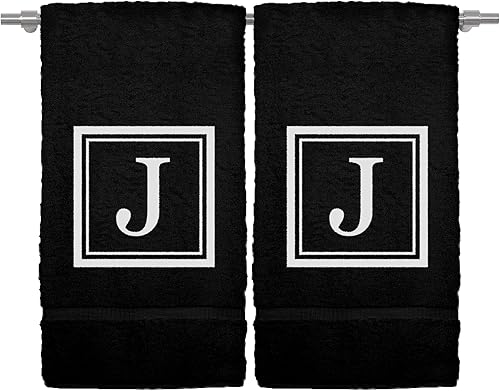 Miniatura 102 de Monogrammed Hand Towel, 16 x 30 Inches Set of 2, Personalized Gift- White Letter Embroidered with Square Design on Black Towel - Extra Absorbent
