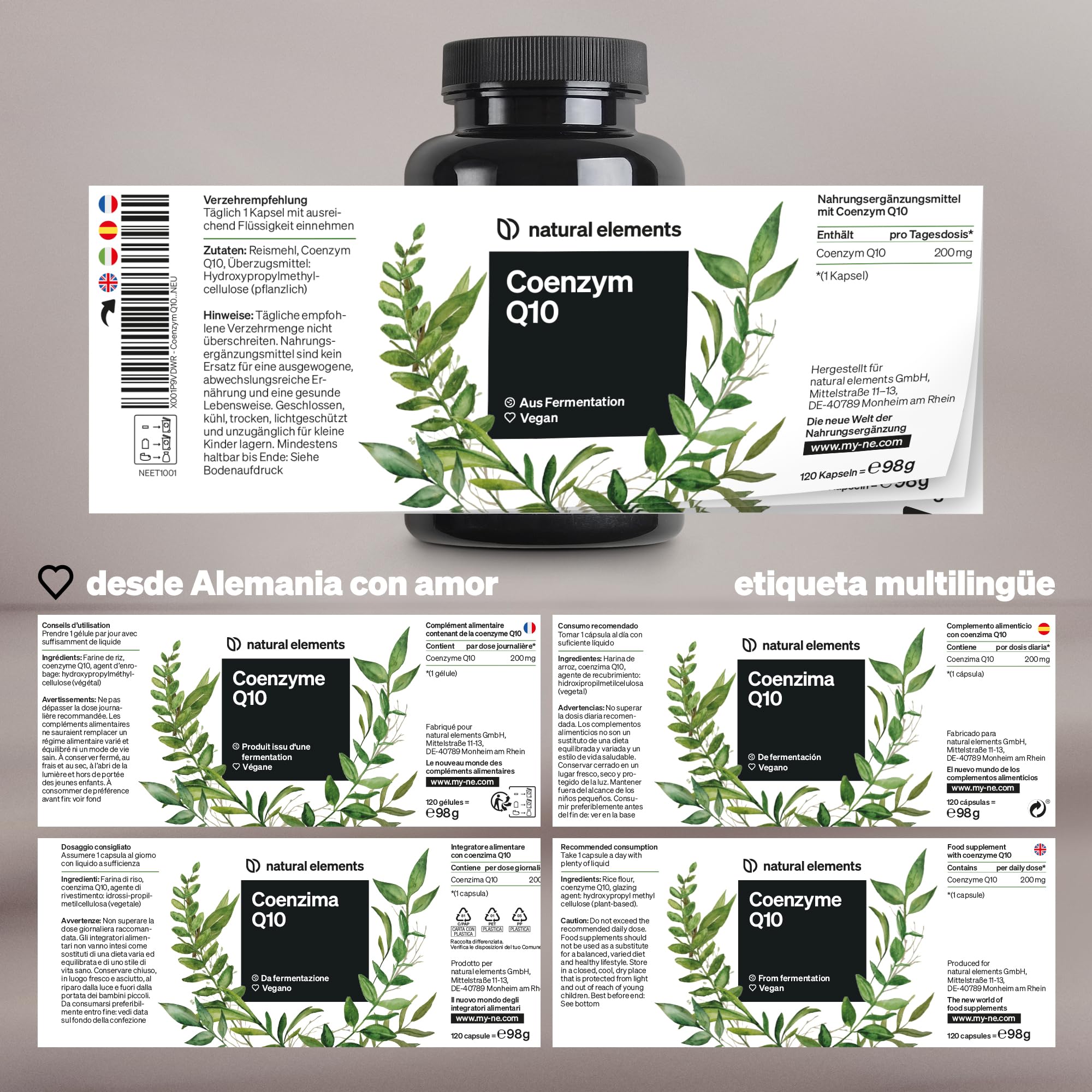 Coenzima Q10 200mg - 120 cápsulas veganas para 4 meses - CoQ10 procedente de fermentación de maíz - Probada en laboratorio y sin aditivos