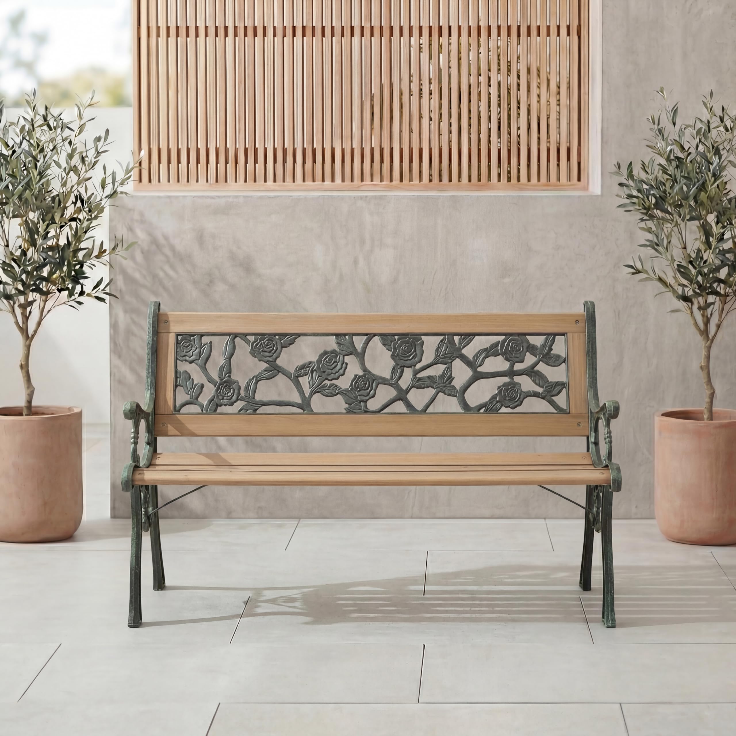 Garden Vida Panchina da Giardino, Rose Style Design Outdoor Furniture Seating Doghe in Legno Gambe in Ghisa Parco Patio a 3 Posti