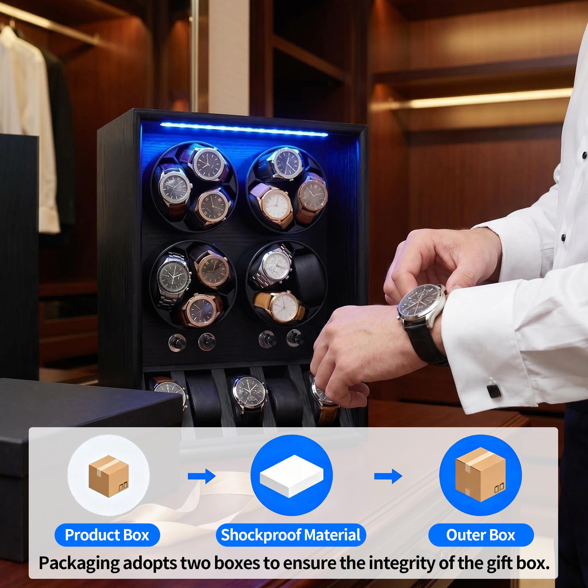 Oryx Uhrenbeweger für 4/6/9 Automatikuhren, Rotierende Uhrenbox 5 Rotationsmodi Einstellung Vitrine mit extra Uhrenspeichern und LED-Licht, abschließbare Winders USB-betriebener super leiser