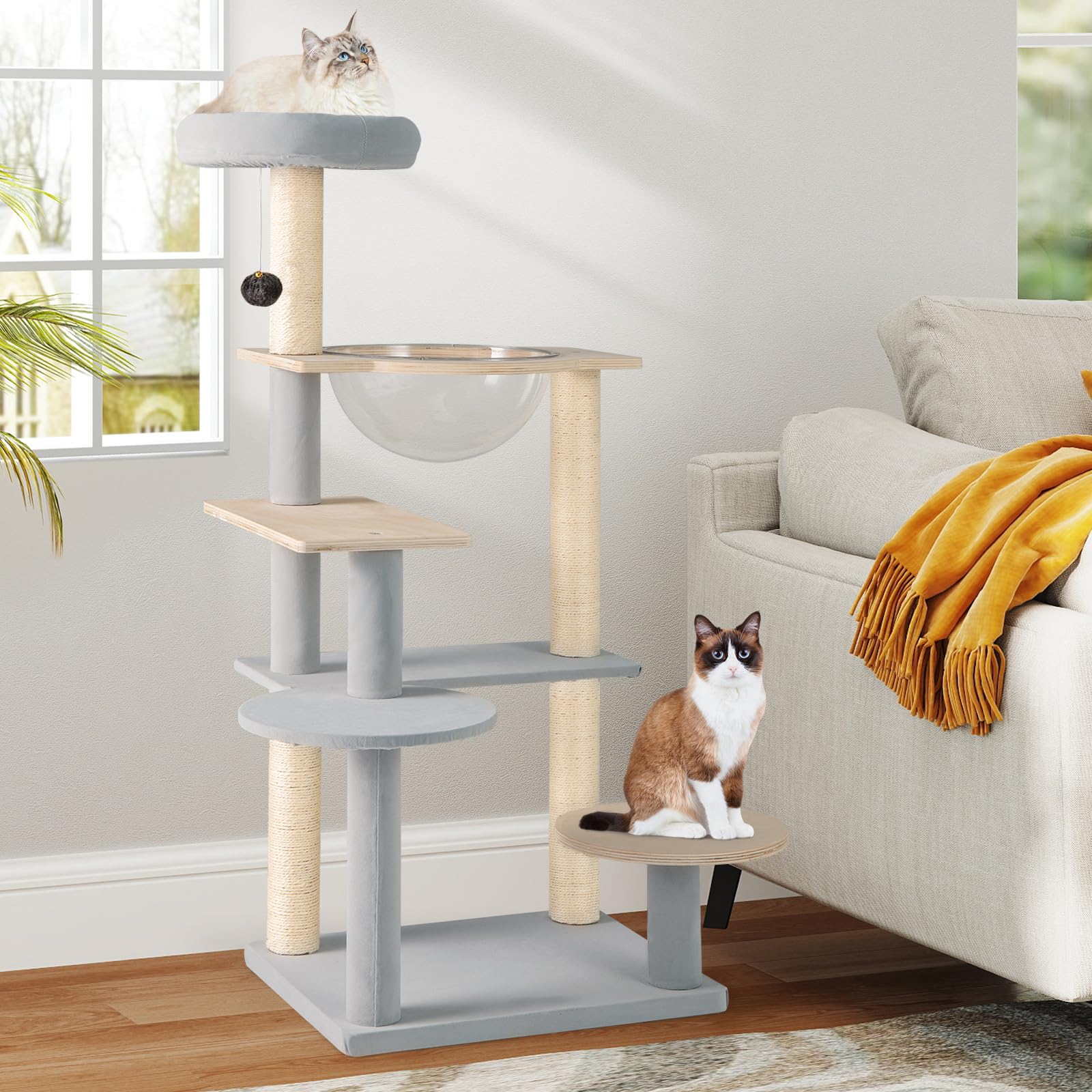 COSTWAY Tiragraffi per Gatto Alto 113 cm con Capsula Spaziale, Albero Tiragraffi Gatti con 4 Pali in Sisal, Piattaforme, Trespolo e Pompon, Torre Gatto in Legno Solido, Naturale e Grigio