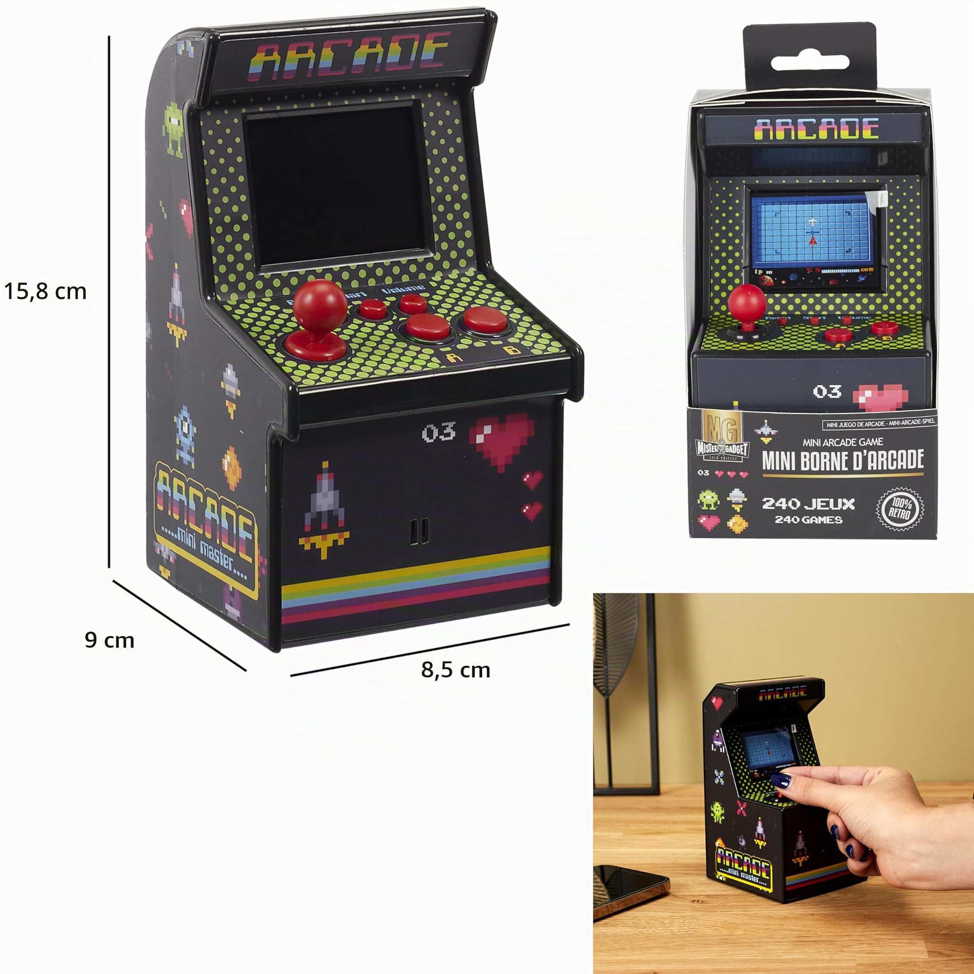 MISTER GADGET Mini Cabinato Arcade 240 Giochi Classici Rétro Nero