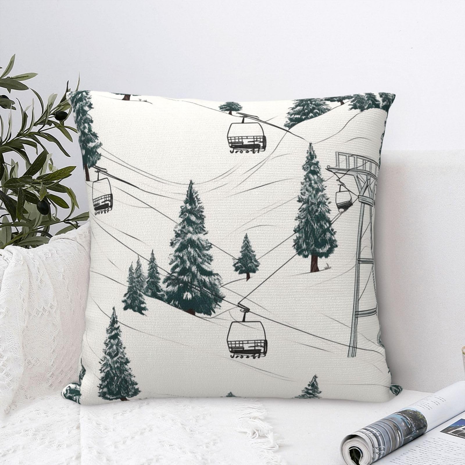 FodPand Luxury Velvet Throw Pillow Covers 24"x24" Super Soft Decorative Pillow Cases - Ski Lift with Fir Tree Pillowcases Modern Lumbar Cushion Cases for Couch Sofa Bed Pillow Shams