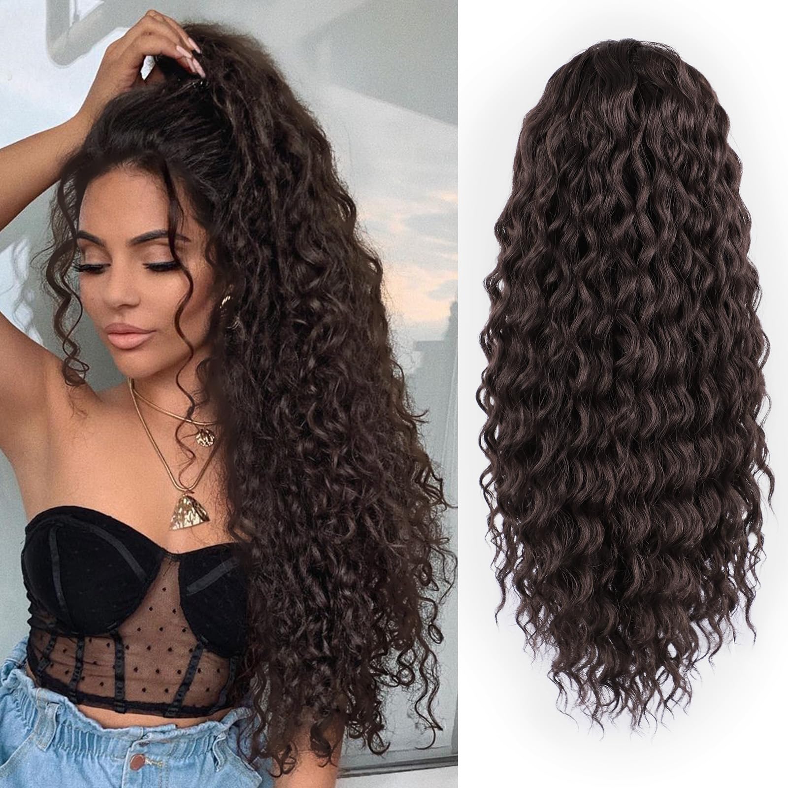 AISI BEAUTY Ponytail Extension 24 Inch Drawstring Ponytail for Black Women Synthetic Dark Brown Long Curly Pony Tails Hair Extensions Clip in