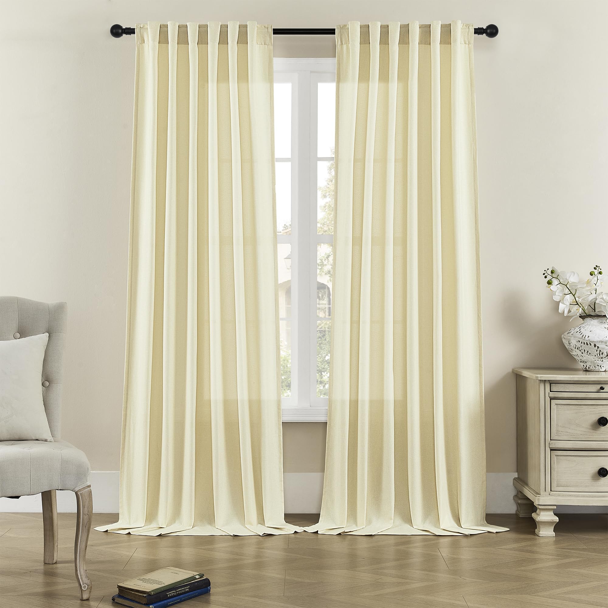 DONREN Linen Sheer Window Curtains, Rod Pocket & Back Tab Modern Semi Sheer Panels Privacy with Light Filter Linen Drapes for Sliding Glass Door/