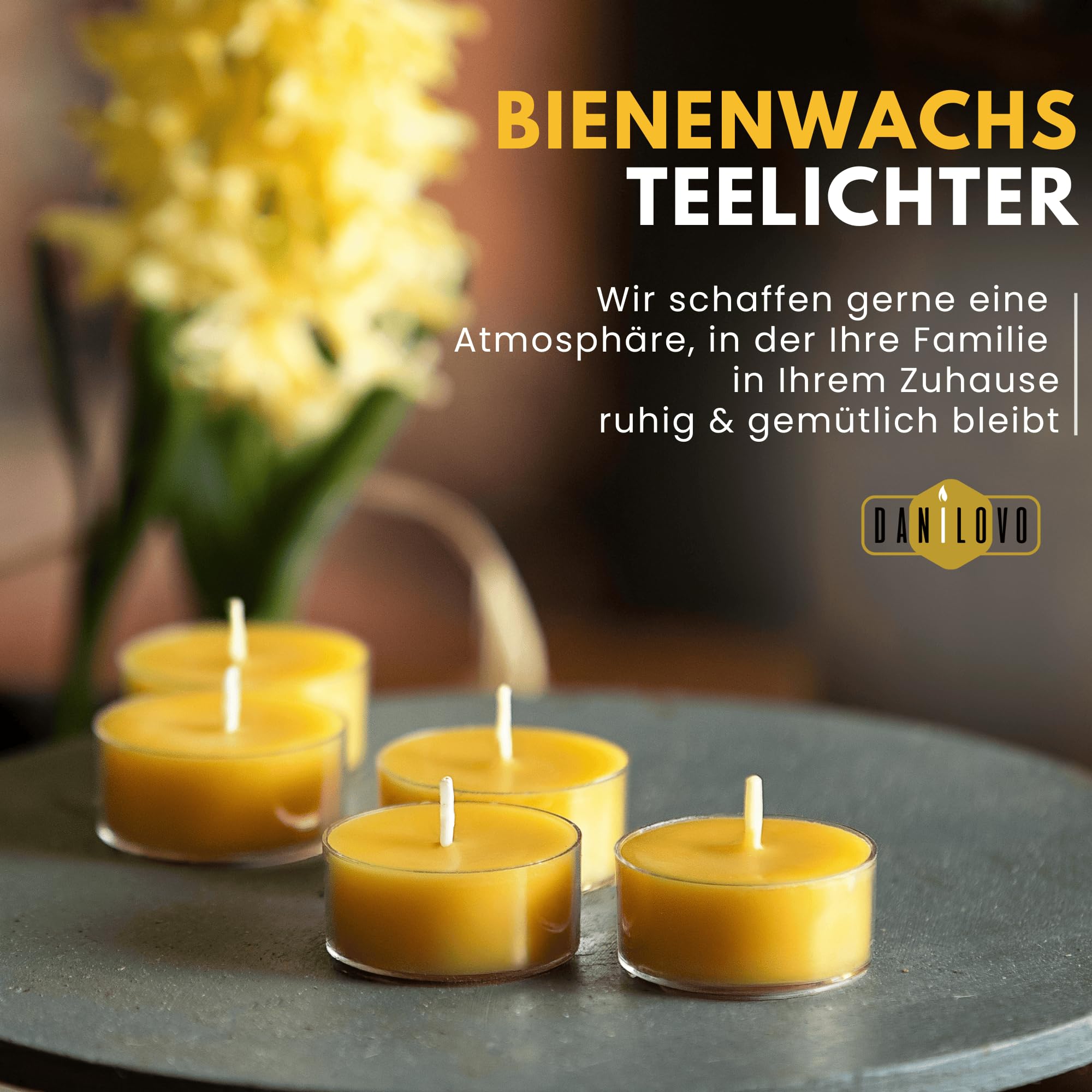 100% Bienenwachskerzen – Bienenwachs Teelichter mit Baumwolldochten – 4 Stunden Brennzeit –48-teiliges Kerzenset – Kerzen mit Recyceltem Kunststoff – Reine Bienenwachs Kerzen von Danilovo