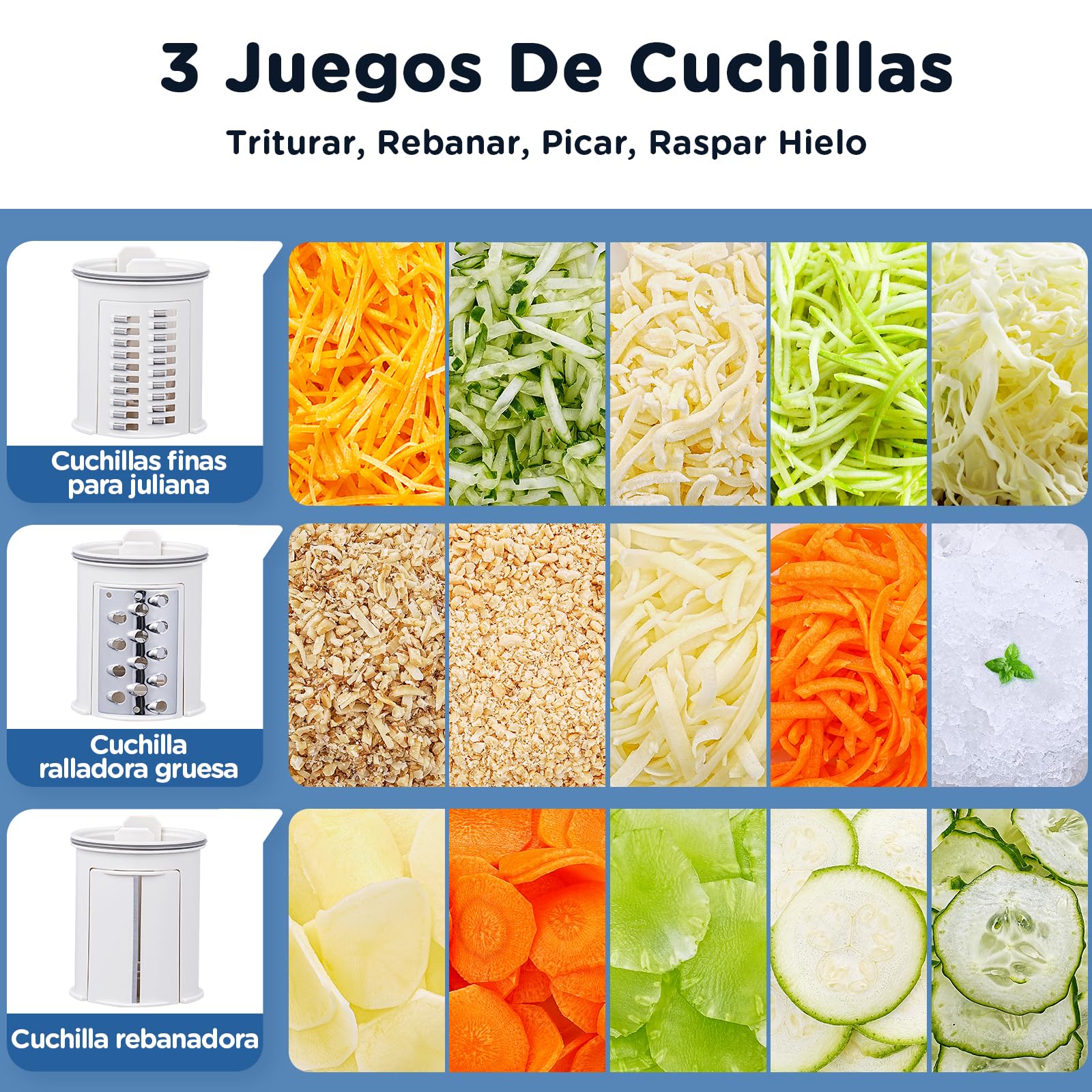 Rallador electrico, Aobosi Cortador Verduras Electrico con Gran Tolva para Zanahorias Enteras,Patatas, 3 Cuchillas y Motor Silencioso, caja de almacenamiento-Actualizar