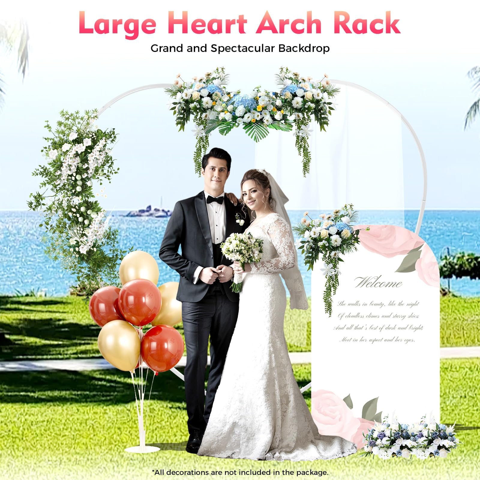 Arco per matrimonio, 2 m, a forma di cuore, arco di palloncini con piede