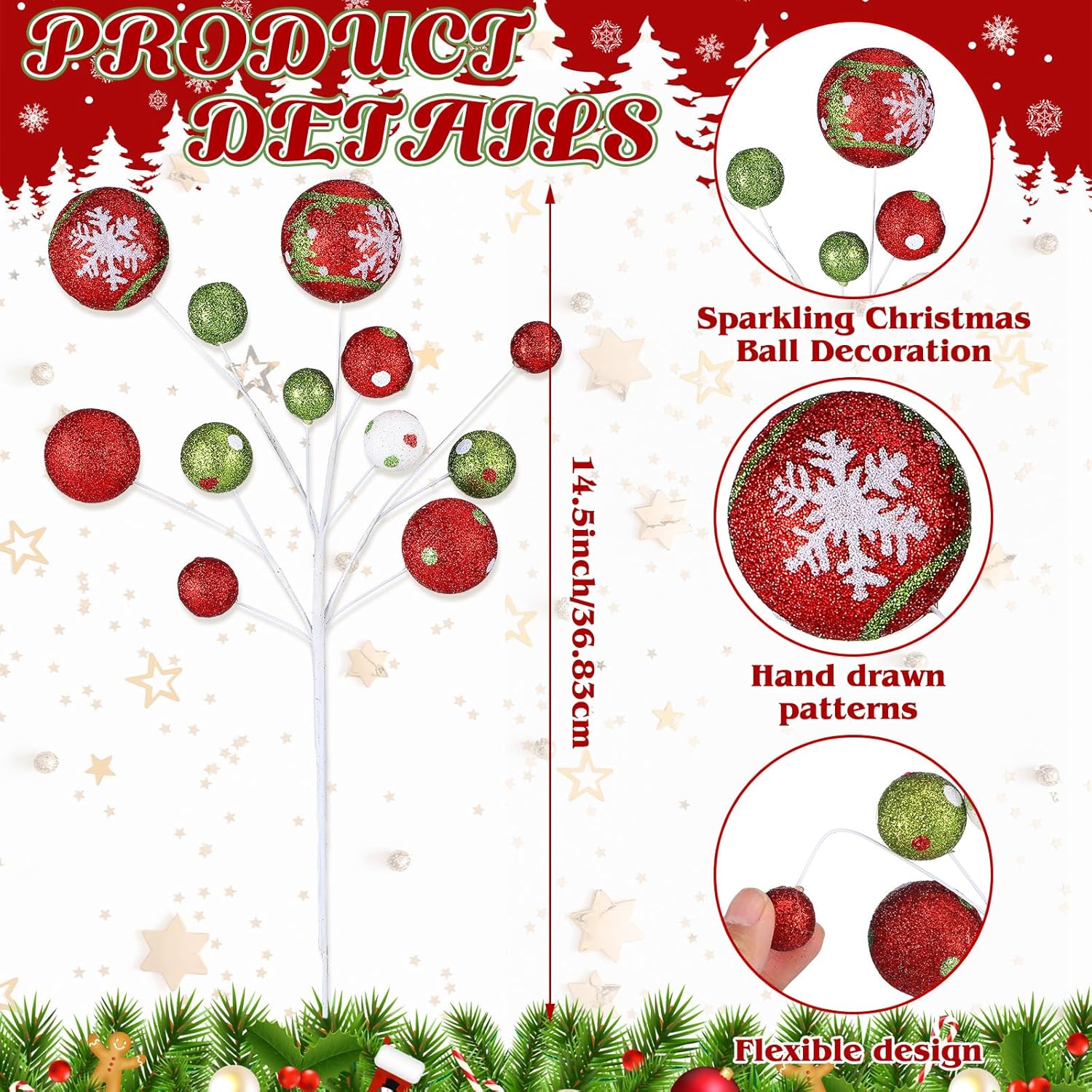 Hoteam 6 Pcs Christmas Tree Topper Picks and Sprays Decorations 14.5 Inch Red Green Christmas Ball Ornaments Berry Stems Floral Branches Balls for Crafts Home Xmas Tree Topper Party Holiday Decor