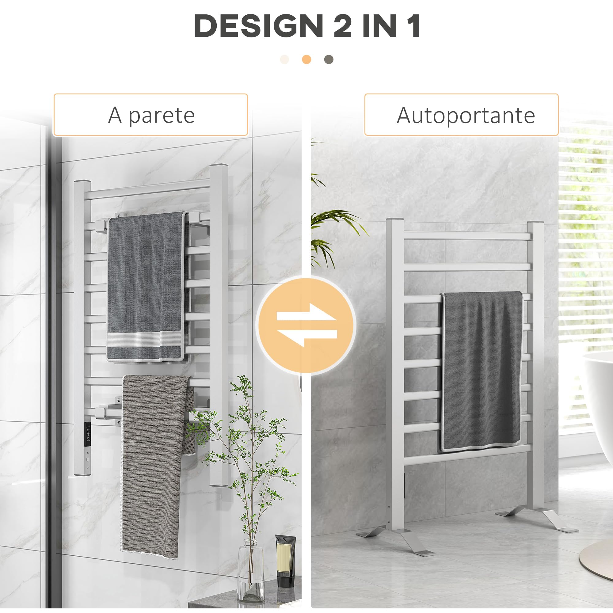 HOMCOM Calorifero Scaldasalviette da Terra o Parete 150W, Porta Asciugamani Riscaldato in Lega di Alluminio con 8 Barre e Timer da 2 o 4 Ore, Resistente all'Acqua, 53x35x90 cm, Argento