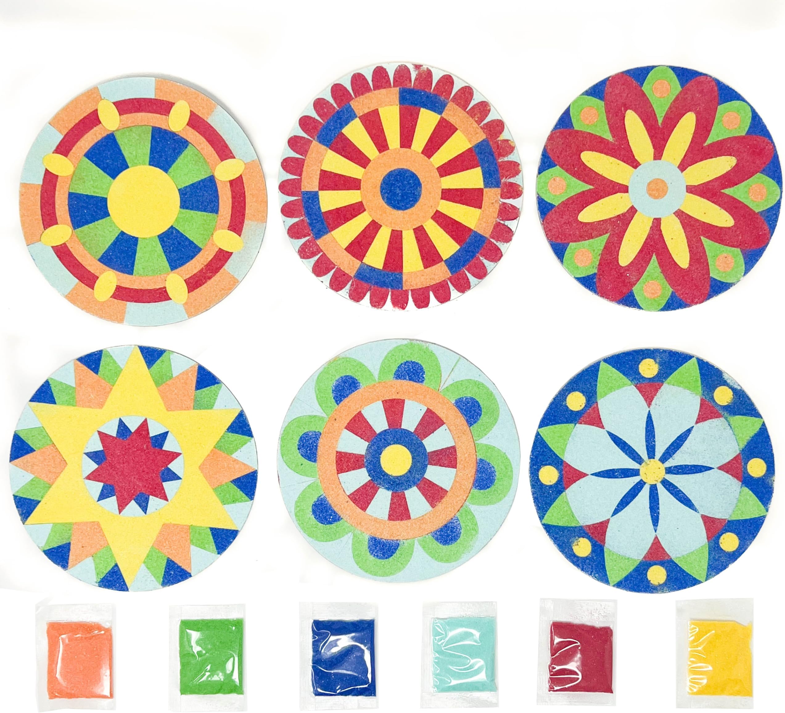 Podzly 24 Sand Painting Mandala Coloring Craft Kits - Mandala Design Pattern Art Made Easy - Create Sand Art Pictures with 6 Colorful Sand Options