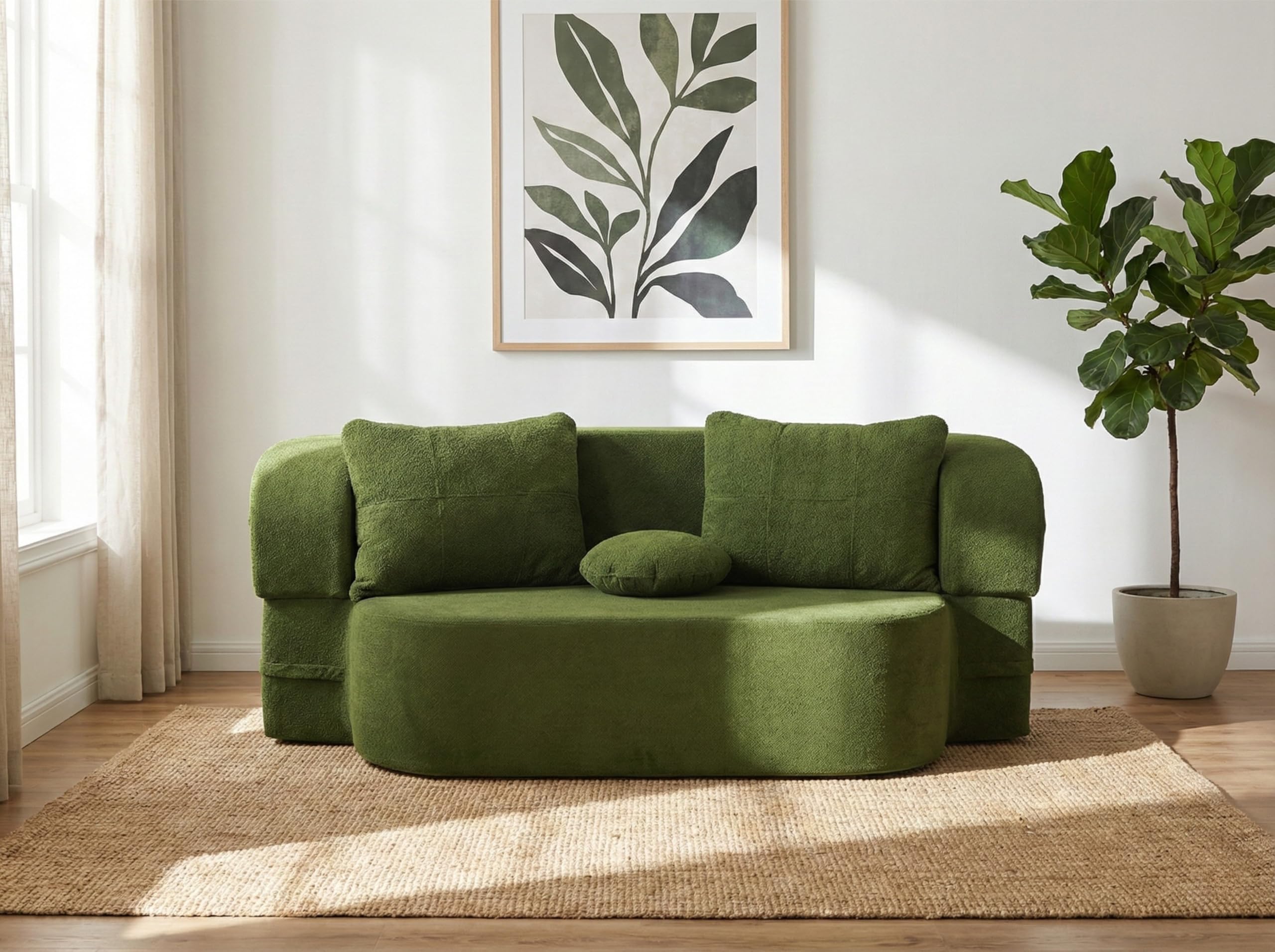 WOX 2-in-1 Compressed Convertible Sofa Bed, Olive Green Fabric Folding Couch with Pillows, Compact Multipurpose Furniture for Living Room-image-7