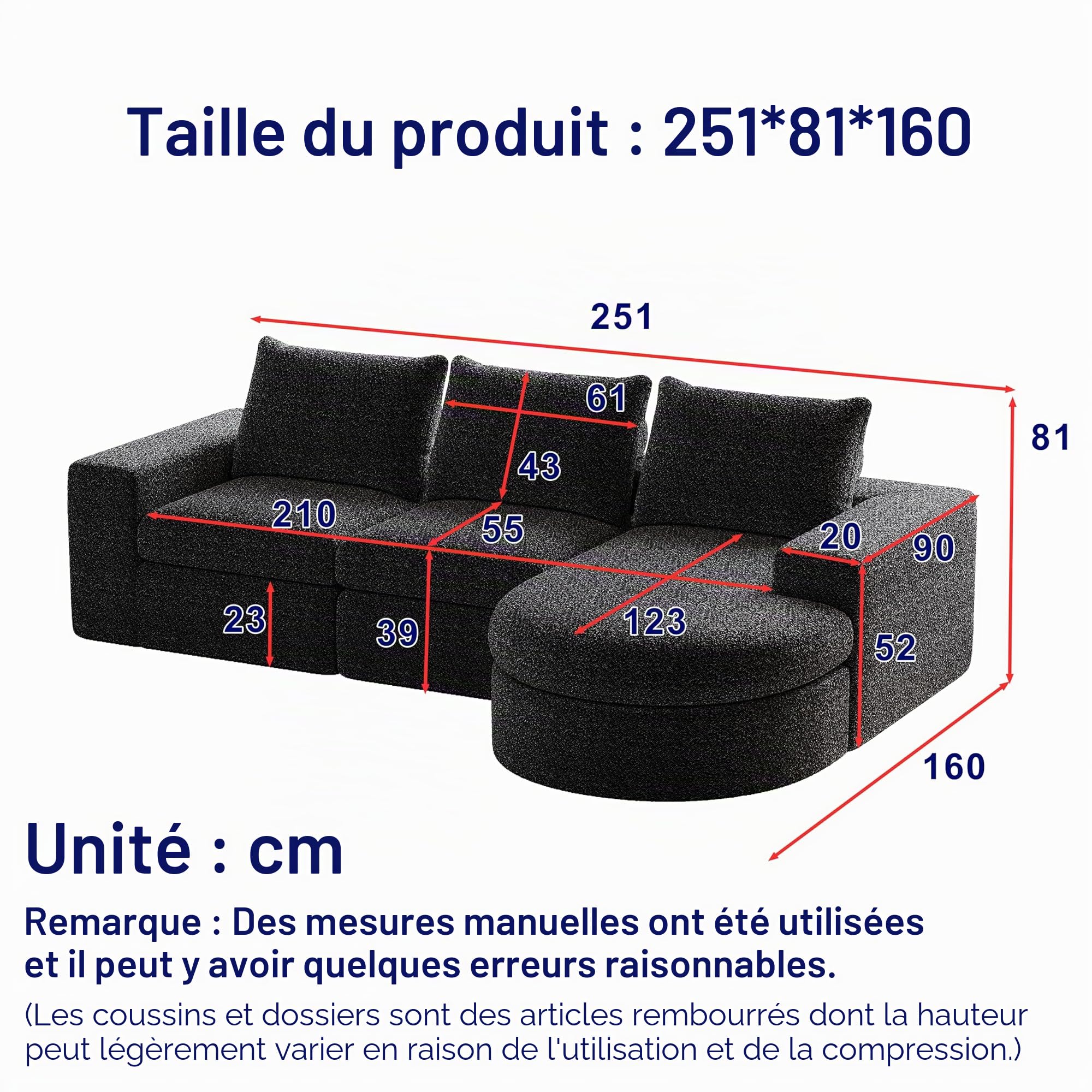 251cm Canapé d'angle en Forme de L avec Fonction Couchage - Canapé modulable avec méridienne Droite - Assise Extra Profonde - Canapé-lit pour Salon (Noir)