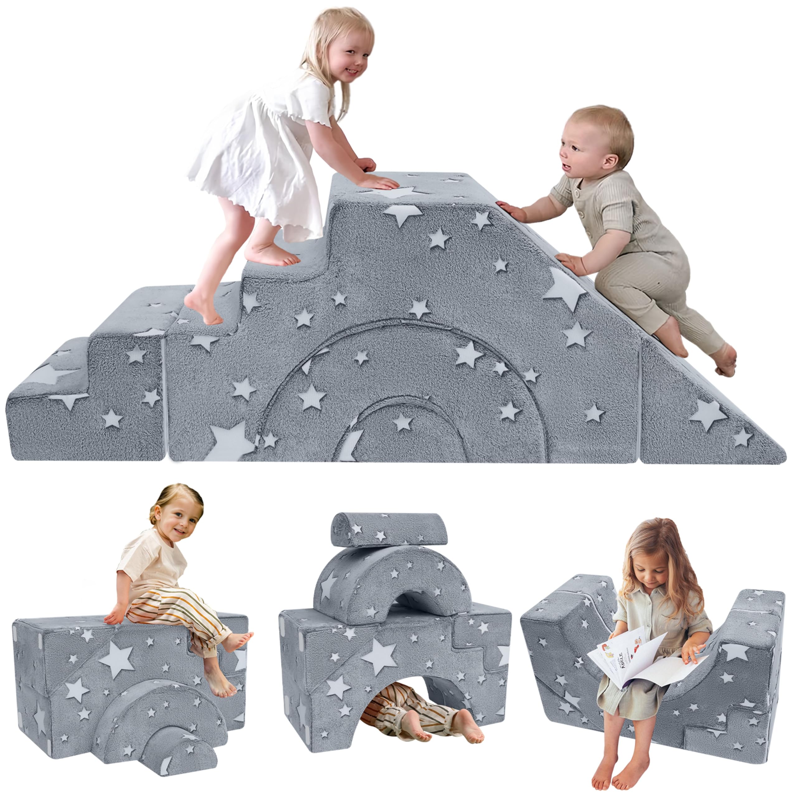 MeMoreCool Kindersofa Grau Stern-Motiv, Modulare Mini Couch aus Schaumstoff Fuer Kinderzimmer, Ausklappbares Spielsofa mit Abnehmbarem Bezug, Weiches Kindersessel ab 1 Jahr
