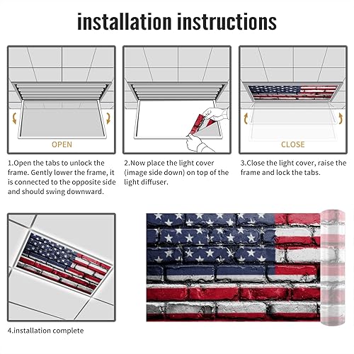 Miniatura 5 de Cubiertas de luz fluorescente de 2 x 4 pies con la bandera de Estados Unidos, filtros de luz de pared de ladrillos estadounidenses, fácil