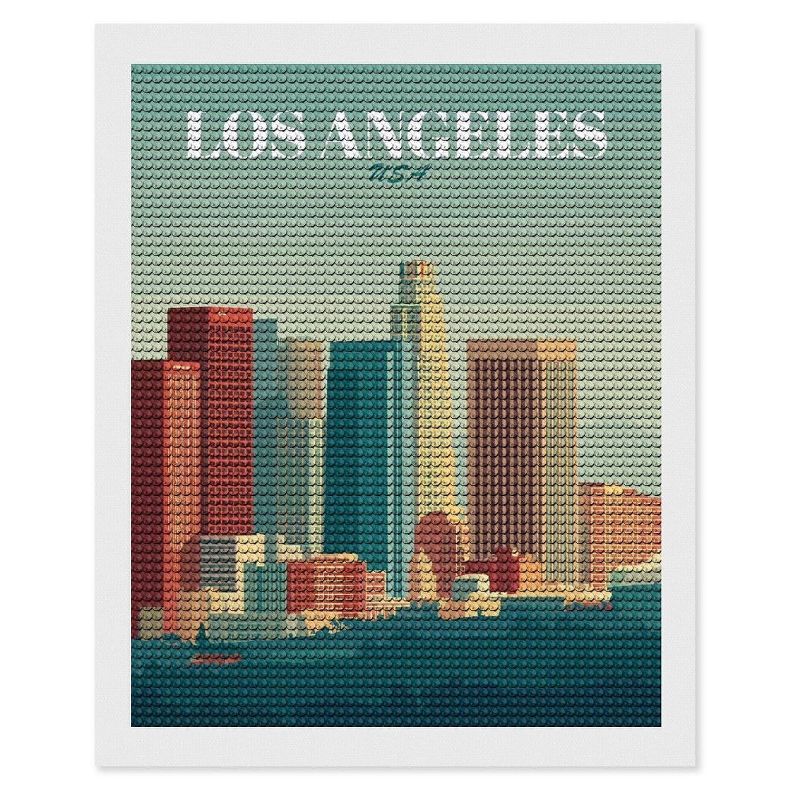 Junmoney Los Angeles Skyline Vintage DIY Diamond Art Canvas Kit 16"x20", Christmas Gift, for Family Craft Time, Leisure Activity, Home Wall Art