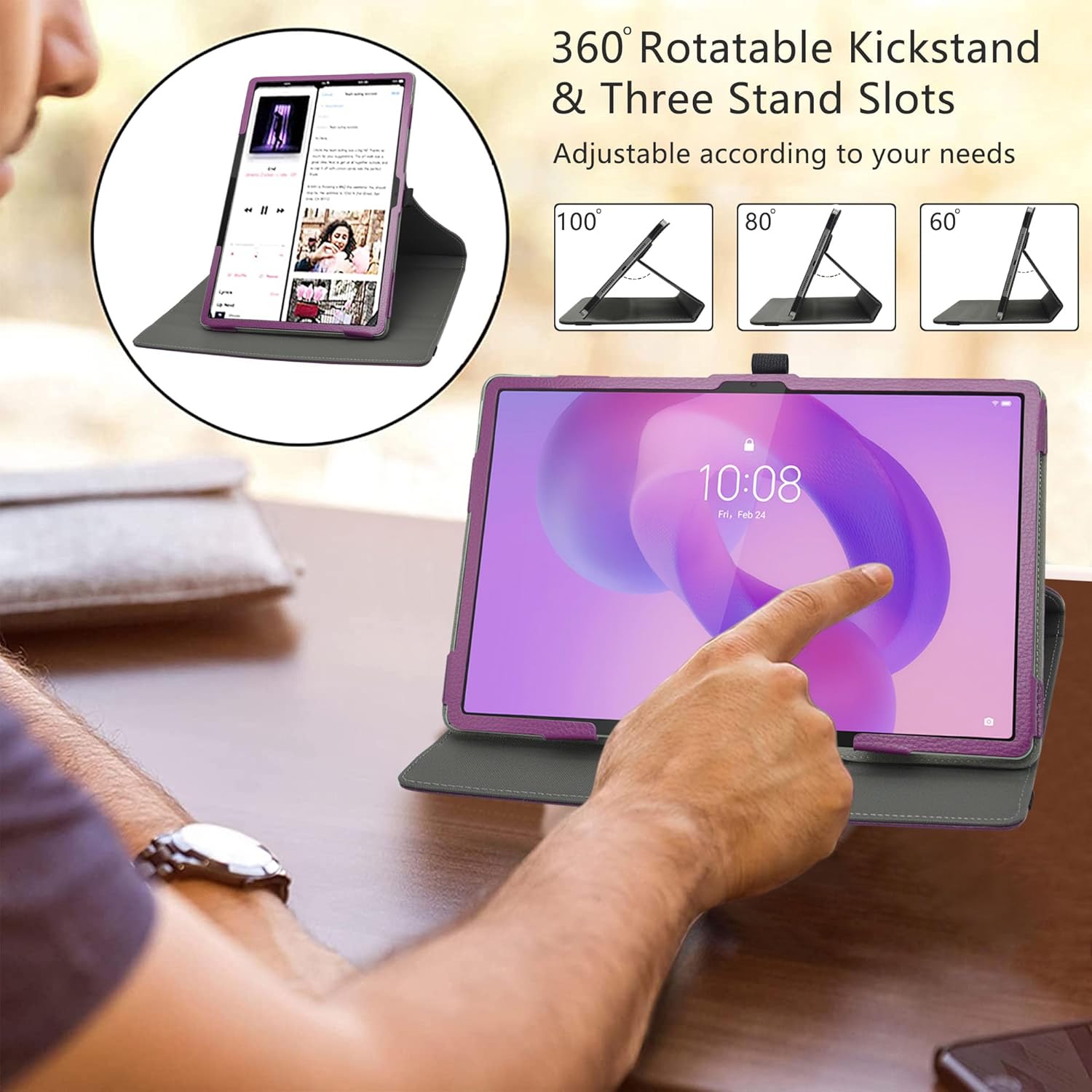 Image showing a tablet in the case, utilizing the 360-degree rotatable kickstand with three different adjustable angles.