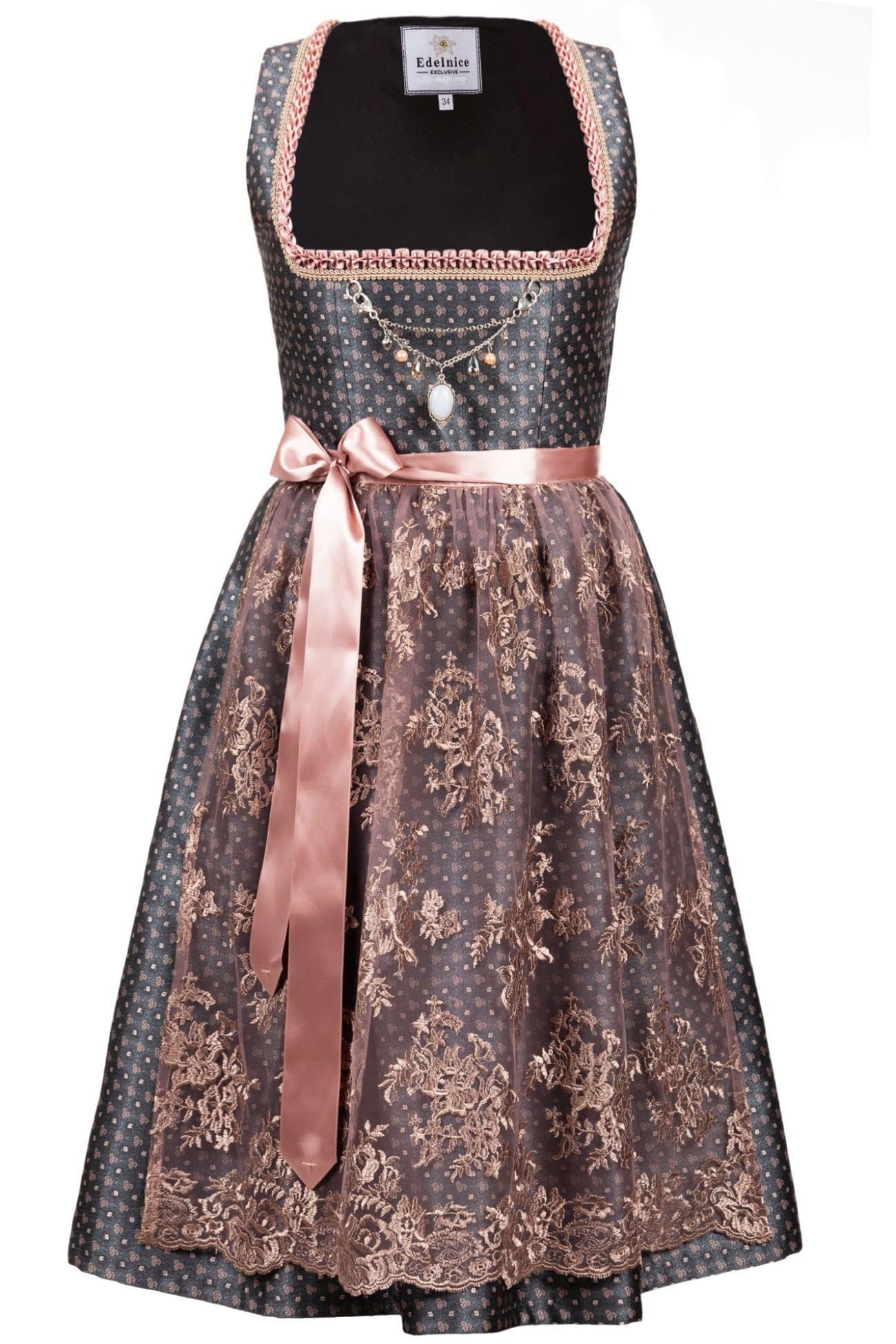 Edelnice Trachtenmode Exklusives Designer Midi Dirndl Beatrice inkl. Spitzendirndlschürze und Charivari 42 Anthrazit