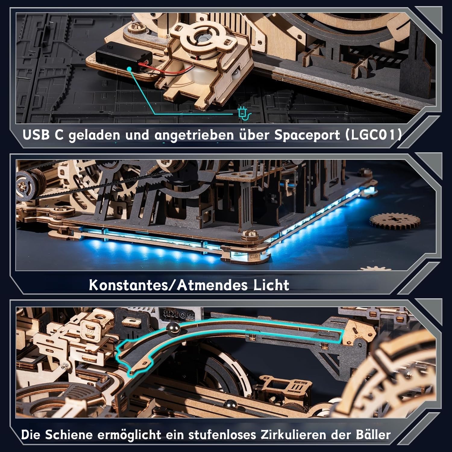 ROKR Kugelbahnen Kombi-Set 3D Puzzle Erwachsene Modellbausätze Geschenkidee für Männer Marble Spaceport & Night City & Link Pack