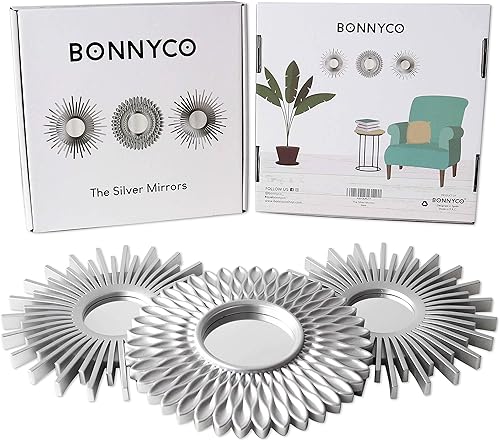 Miniatura 2 de BONNYCO Espejos decorativos de pared, paquete de 3 espejos redondos plateados para decoración del hogar, dormitorio y habitación. Espejos