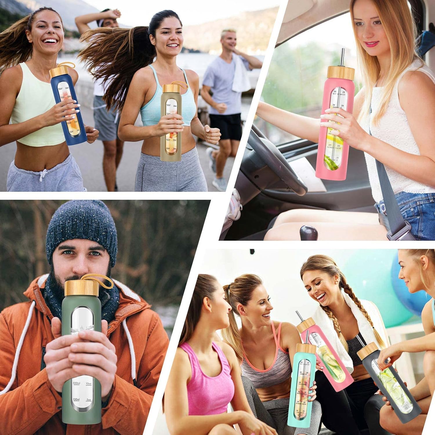32 oz Glass Water Bottle with Straw - Motivational Time Marker & Silicone Sleeve - Reusable Tumbler Includes 2 Bamboo Lids & Fruit Infuser - 1 Pack - Image 6