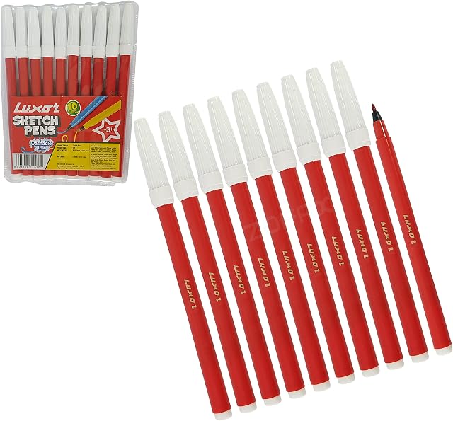 LUXOR 10 x Washable Colour RED Pens Felt Fibre Tip Party Bags Supplies + 2 x ZOFAX Ball BLACK Pens