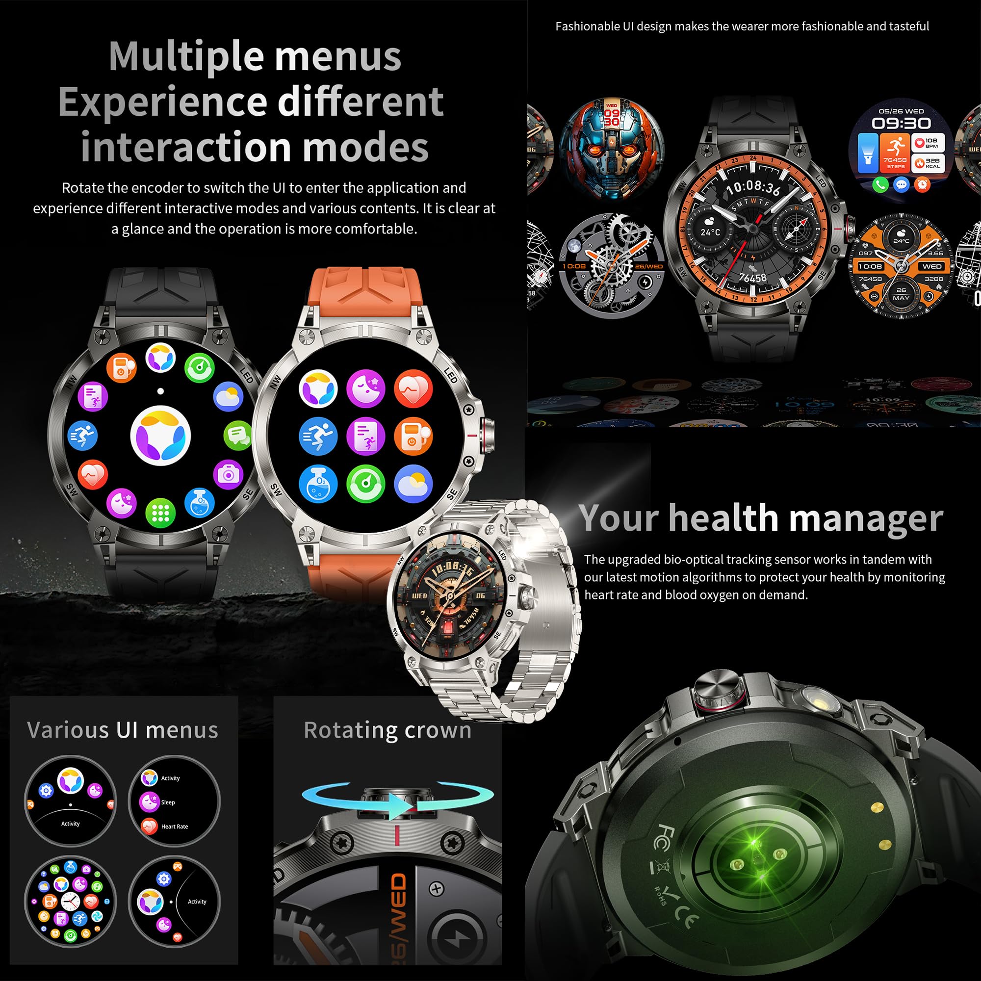 1,85" AMOLED Reloj Inteligente Hombre con Llamada y Whatsapp, Linterna, Batería de 760 mah, 5ATM Impermeable Reloj Smartwatch 123 Deportivo Hombre con Monitor Sueño, Pulsómetro Android iOS (plateado)