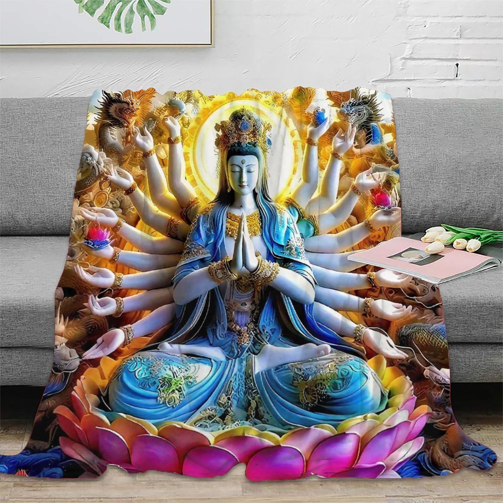Statue de Bouddha couverture anti-froid en peluche pour lit et divan