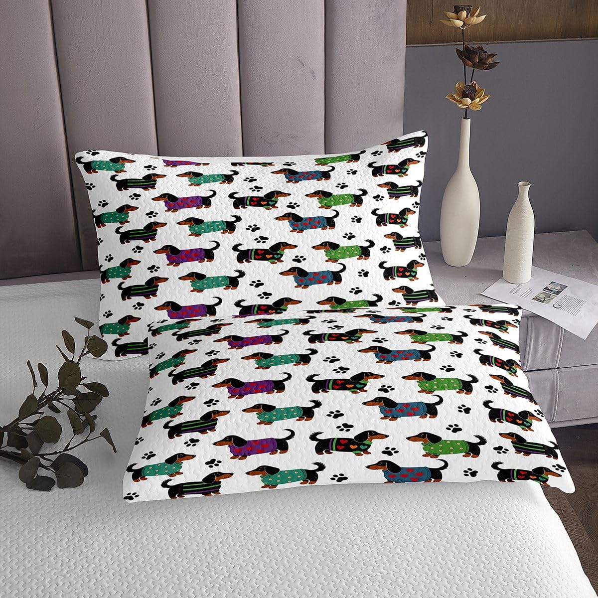 Manfei Lindo edredón de perro salchicha tamaño individual, juego de colcha de patas de perro, 2 piezas, regalos para amantes de los perros, colcha acolchada con 1 funda de almohada, decoración de