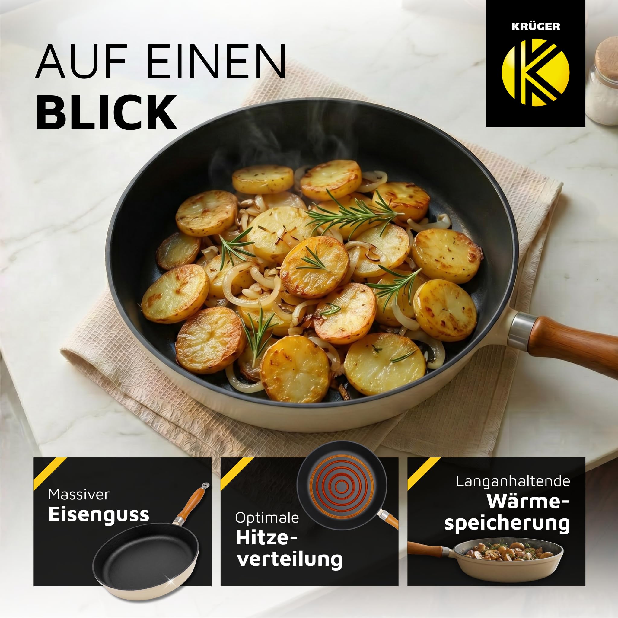 Krüger Gusseisenpfanne mit Holzgriff - emailliert - außen creme, innen schwarz matt - hohe Hitzebeständigkeit - sehr gute Wärmespeicherung -für alle Herdarten inkl. Induktion geeignet (Savanna, 24 cm)