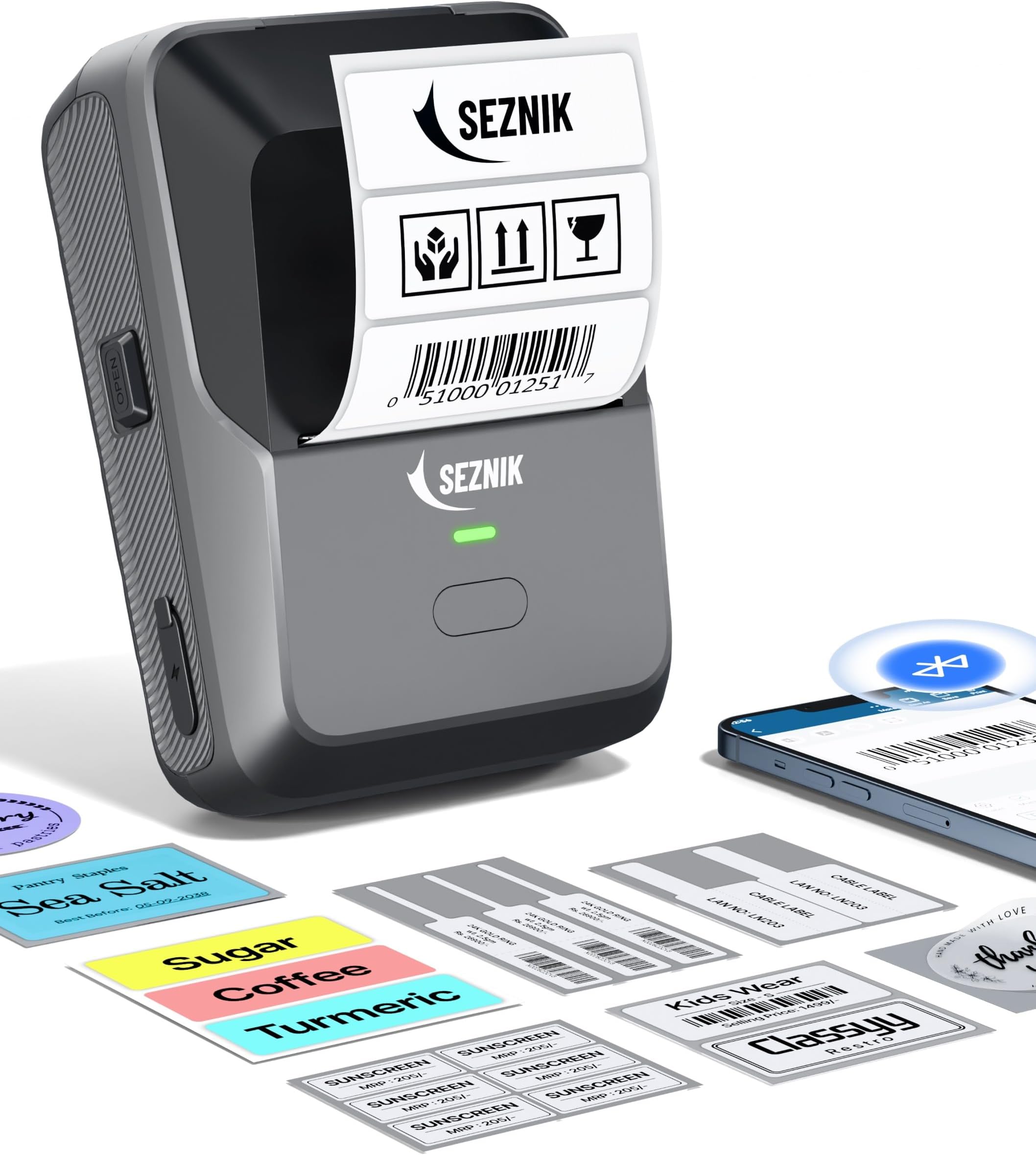 SEZNIK Josh Bluetooth Thermal Label Printer | Inkless Mini Rechargeable | MRP, Barcode, Excel File Print | Cloud, Mobile, Desktop | Jewellery, Round Labels | 2-inch Print | Free App | 1 Year Warranty