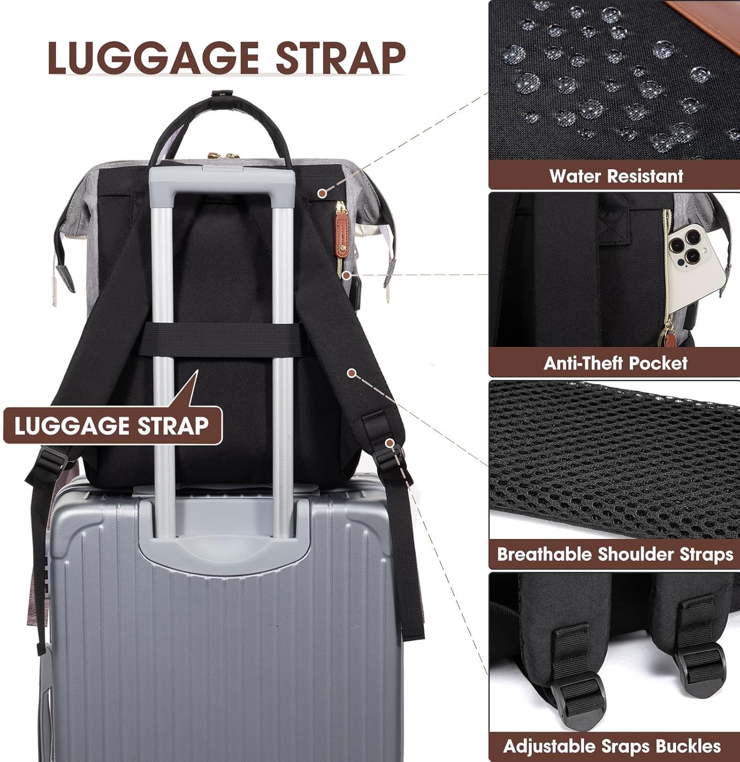 Laptop Backpack for Women Bag 15.6 Inch Work Business Backpacks Purse with USB Port Large Capacity Nurse Bag Backbag, Casual Daypack for Travel, Black-Grey-Brown - Image 3