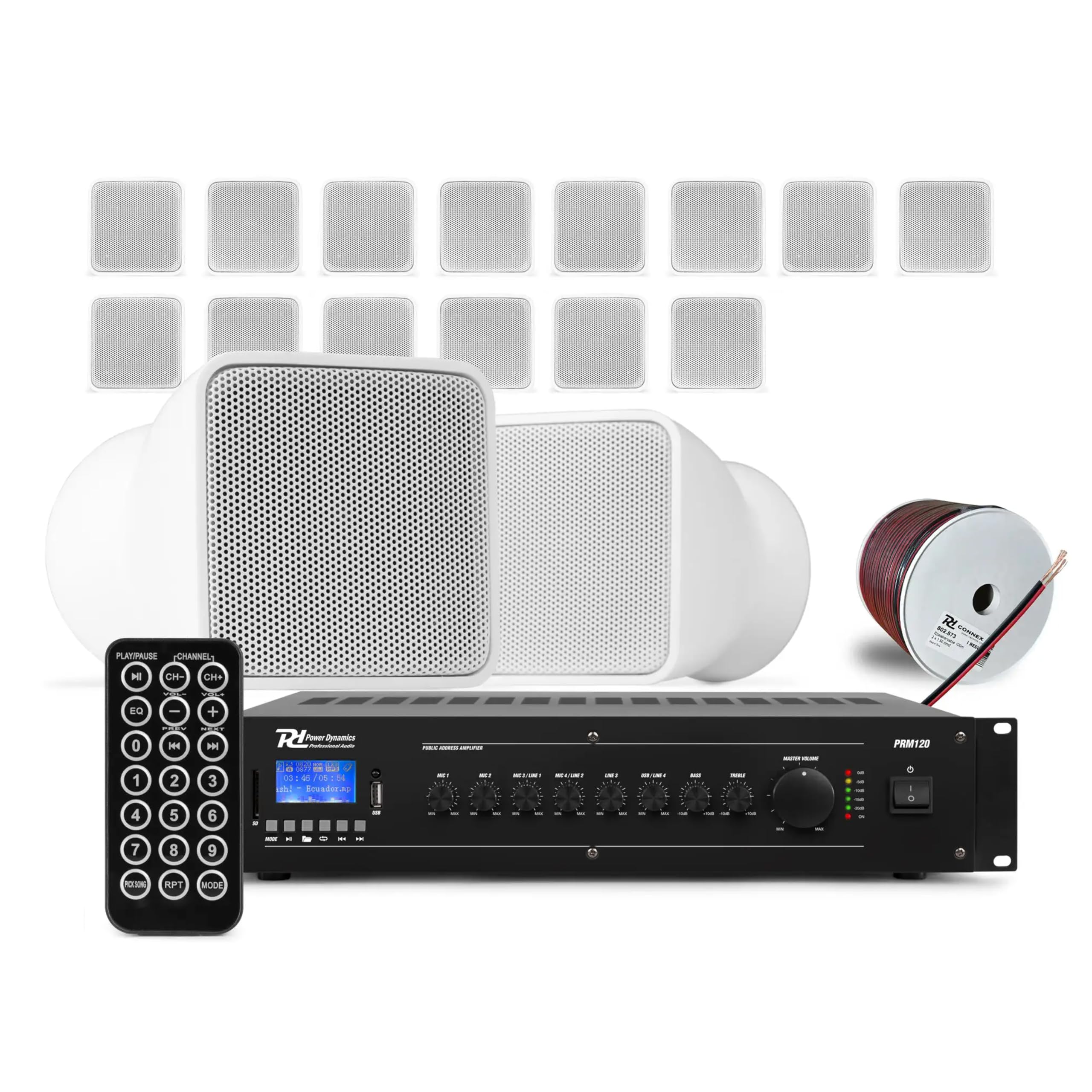 Power Dynamics BSX30W + PRM120 + RX22 – Sistema Sonido 100V con 16 Altavoces Pared Blancos 2.5" 30W, Amplificador 120W Bluetooth MP3 y Cable 100m para megafonía e Hilo Musical, Color Blanco